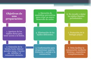 Objetivos de
una
preparación:

5. Ejecución de
maniobras preventivas
para evitar un nuevo
desarrollo de caries.

6. No invadir o dañar
los tejidos blandos
periodontales.

1. Apertura de los
tejidos duros para
tener acceso a la lesión.

4. Eliminación de los
tejidos deficientes.

7. Protección de la
biología pulpar.

2. Extensión de la
brecha hasta obtener
paredes sanas y fuertes
sin debilitar el
remanente dentario.

3. Conformación para
proporcionar soporte,
retención y anclaje a la
restauración.

8. Debe facilitar la
restauración mediante
técnicas y maniobras
complementarias.

 