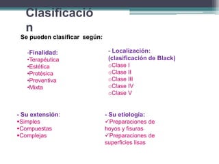 Clasificació
n
Se pueden clasificar según:

-Finalidad:
•Terapéutica
•Estética
•Protésica
•Preventiva
•Mixta

- Localización:
(clasificación de Black)
oClase I
oClase II
oClase III
oClase IV
oClase V

- Su extensión:

- Su etiología:

Simples
Compuestas
Complejas

Preparaciones de
hoyos y fisuras
Preparaciones de
superficies lisas

 