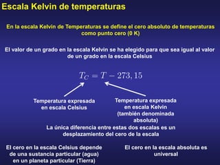 Escala Kelvin de temperaturas
En la escala Kelvin de Temperaturas se define el cero absoluto de temperaturas
como punto cero (0 K)
El valor de un grado en la escala Kelvin se ha elegido para que sea igual al valor
de un grado en la escala Celsius
Temperatura expresada
en escala Celsius
Temperatura expresada
en escala Kelvin
(también denominada
absoluta)
La única diferencia entre estas dos escalas es un
desplazamiento del cero de la escala
El cero en la escala Celsius depende
de una sustancia particular (agua)
en un planeta particular (Tierra)
El cero en la escala absoluta es
universal
 