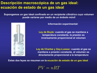 Descripción macroscópica de un gas ideal:
ecuación de estado de un gas ideal
Supongamos un gas ideal confinado en un recipiente cilíndrico cuyo volumen
puede variarse por medio de un émbolo móvil
Información experimental:
Ley de Boyle: cuando el gas se mantiene a
temperatura constante, la presión es
inversamente proporcional al volumen
Ley de Charles y Gay-Lussac: cuando el gas se
mantiene a presión constante, el volumen es
directamente proporcional a la temperatura
Estas dos leyes se resumen en la ecuación de estado de un gas ideal
 