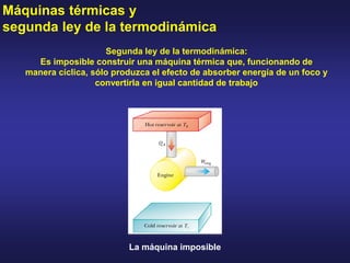 Máquinas térmicas y
segunda ley de la termodinámica
Segunda ley de la termodinámica:
Es imposible construir una máquina térmica que, funcionando de
manera cíclica, sólo produzca el efecto de absorber energía de un foco y
convertirla en igual cantidad de trabajo
La máquina imposible
 