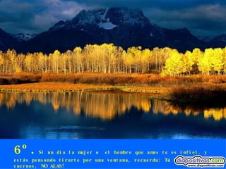 6º. Si un día la mujer o  el hombre que amas te es infiel, y estás pensando tirarte por una ventana, recuerda: Tú tienes cuernos, NO ALAS! 