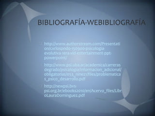 BIBLIOGRAFÍA-WEBIBLIOGRAFÍA

 http://www.authorstream.com/Presentati
 on/cxrlospndo-150900-psicologia-
 evolutiva-1era-vid-entertainment-ppt-
 powerpoint/
 http://www.psi.uba.ar/academica/carreras
 degrado/psicologia/informacion_adicional/
 obligatorias/053_ninez1/files/problematica
 s_psico_desarrollo.pdf
 http://newpsi.bvs-
 psi.org.br/ebooks2010/en/Acervo_files/Libr
 oLauraDominguez.pdf
 