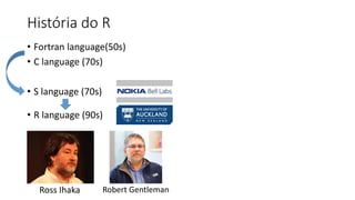 História do R
• Fortran language(50s)
• C language (70s)
• S language (70s)
• R language (90s)
Ross Ihaka Robert Gentleman
 