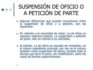 SUSPENSIÓN DE OFICIO O
       A PETICIÓN DE PARTE
    Algunas diferencias que pueden encontrarse entre
     la suspensión de oficio y a petición, son las
     siguientes:

    En relación a la necesidad de instar. La de oficio no
     requiere solicitud expresa. La suspensión a petición
     de parte, sólo se tramita si es solicitada.

    El trámite. La de oficio es resuelta de inmediato, en
     el mismo expediente principal, por eso se le conoce
     también como suspensión de plano; persiste todo el
     tiempo que dure el juicio, sin modificación, salvo los
     casos de hechos supervenientes.

17
 