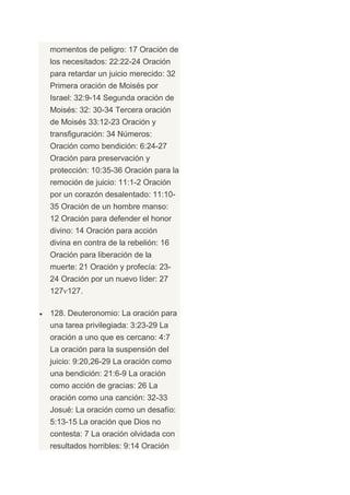 momentos de peligro: 17 Oración de
los necesitados: 22:22-24 Oración
para retardar un juicio merecido: 32
Primera oración de Moisés por
Israel: 32:9-14 Segunda oración de
Moisés: 32: 30-34 Tercera oración
de Moisés 33:12-23 Oración y
transfiguración: 34 Números:
Oración como bendición: 6:24-27
Oración para preservación y
protección: 10:35-36 Oración para la
remoción de juicio: 11:1-2 Oración
por un corazón desalentado: 11:10-
35 Oración de un hombre manso:
12 Oración para defender el honor
divino: 14 Oración para acción
divina en contra de la rebelión: 16
Oración para liberación de la
muerte: 21 Oración y profecía: 23-
24 Oración por un nuevo líder: 27
127 127.

128. Deuteronomio: La oración para
una tarea privilegiada: 3:23-29 La
oración a uno que es cercano: 4:7
La oración para la suspensión del
juicio: 9:20,26-29 La oración como
una bendición: 21:6-9 La oración
como acción de gracias: 26 La
oración como una canción: 32-33
Josué: La oración como un desafío:
5:13-15 La oración que Dios no
contesta: 7 La oración olvidada con
resultados horribles: 9:14 Oración
 