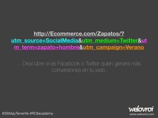 http://Ecommerce.com/Zapatos/?
utm_source=SocialMedia&utm_medium=Twitter&ut
m_term=zapato+hombre&utm_campaign=Verano
…Desc...