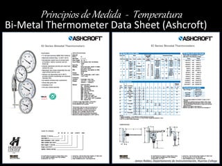 James Robles, Departamento de Instrumentación, Huertas College 
Principios de Medida - Temperatura 
James Robles, Departamento de Instrumentación, Huertas College 
Bi-Metal Thermometer Data Sheet (Ashcroft) 
 