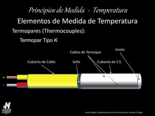 James Robles, Departamento de Instrumentación, Huertas College 
Principios de Medida - Temperatura 
Elementos de Medida de Temperatura 
Termopares (Thermocouples): Termopar Tipo K 
Cubierta de Cable 
Cubierta de S.S. 
Sello 
+ - 
Unión 
Cables de Termopar  
