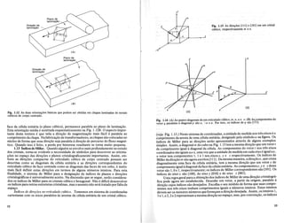 Plano de
lamina<;ao
Dire<;ao de
lamina<;ao ~~.
. ' :
p- ,
b I, ,'})
6- It
----6
Dire<;ao de
lamina<;ao
x
z
Fig. 1.13 As dire~6es [IIILe [101] em urn crista!
cubico, respectivarnente men.
y
z
y
Fig. 1.14 (A) As quatro diagonais de urn reticulado cubico,m,.!!, u ev.(~)As_componentes do
vetor q para!eIas adiagonalp sao a, -a ea. Por isso, os indices de q sao [111].
(yeja Fig. I. I3.) Neste sistema de coordenadas, aunidadede medida nos tres eixos e 0
c()mprimento da arestade uma celulaunitaria, designado pelosimbolo a na figura. Os
indices de Miller para as dire~6es serao apresentados atraves de alguns exemplos
simples. Assim, a diagonal m do cubo na Fig. I. I3 tern a mesma dire~ao que urn vetor t
de comprimento igual a diagonal da celula. As componentes do vetor t nos tres eixos
coordenados sao iguais aa e, umavez que a unidade de medida em cadaeixo e igual aa,
o vetor tern componentes 1, 1 e 1 nos eixosx, y e z respectivamente. Os indices de
Miller dadire~aom sao agora escritos [111]. Da mesmamaneira, a dire~aon , que cruza
diagonalmente uma face da celula unitaria, tern a mesma dire~ao que urn vetor s de
comprimento igual a diagonal daface da celulaunitaria. As componentesx, y e zdeste
vetor sao 1,0 e.I, respectivamente; os indices de Miller correspondentes sao [101]. Os
indices do eix() x sao [100], do eixoy [010] e do eixo z [001].
Urna regrageral para a obten~ao dos indices de Miller de ~ma air~~ao cristalogra.-
fica pode agora ser estabeleeida. Desenhe urn vetor, a partir da ongem, paralelo a
dire~ao cujos indices sao desejados. Escolha 0 seu modulo de forma que suas compo-
nentes nos tres eixos tenham comprimentos iguais a numeros inteiros. Estes inteiros
cl~vem ser os menoresnumeros queforne~am adire~ao desejada. Assim, os inteiros1~
Ie 1, e 2,2 e 2representam a mesmadire~ao no espa~o, mas, porconven~ao, os indices
Fig. 1.12 As duas orienta~6es basicas que podem ser obtidas em chapas'Iaminadas de metais
cubicos de corpo centrado.
face da celula unitana (0 plano cubico), permanece paralela aoplano de lamina~ao.
Esta orienta~ao media e mostrada esquematicamente na Fig. 1.12B. 0 aspecto impor-
tante desta textura e que nela adire~.ao de magnetiza~ao mais faci! eparalela ao
comprimento da chapa. Nafabrica~ao de transformadores, as chapassao colocadas no
nucleode forma que essa dire~ao sejaparalela a dire~ao de percurso do fluxo magne-
tico. Quando isso e feito, a perda por histerese resultantese torna muito pequena.
1.13 Indices deMiller. Quando alguemse envolve mais profundamente no estudo
doscristais, torna-se evidente.a necessidade. de simbolos para descrever as orienta-
~6es no espa~o das dire~6es e planoscristalograficamente importantes. Assim, em-
bora as. dire~6es compactas do reticulado cubico. de corpo centrado possam ser
descritas como as diagonais da cHula unitaria e as dire~6es correspondentes do
reticulado cubico de face centrada como as diagonaisdas faces de urn cubo, e muito
mais faeil definir estas dire~6es em termos de alguns numeros inteiros. Para esta
finalidade, 0 sistema.de Miller para a designa~ao de .Indices de pIanos e dire~6es
cristalograficas e universalmente aceito..Na discussaoque se segue, serao considera-
dos~os indices de Miller para os cristais cubico e hexagonal. Nao e dificil desenvolver
os indices para outras estruturas cristalinas, mas0 assunto nao sera tratado porfalta de
espa~o.
indices de dirq;oes no reticulado cubico. Tomemos urn sistema de coordenadas
cartesianas com os eixos paralelos as arestas da celula unitaria de urn cristal cubico.
x
(A)
x
12 13
 