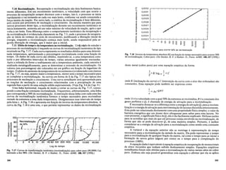 7.101{ec:ristaliza~ii(). Recupera~ao e recristaliza~ao sao dois fenomenos basica-
ment~<.lit'c;:r~l1t~.~.;f:murnTecozimento isotermico, a velocidade com que ocorre 0
proce~~()<.ler~.cIlPC;:1fl~~8 senlpre decresce com 0 tempo, isto e, 0 processo se inicia
rapiq~Ill.e.I'lte.c;:"ait0I1'lll.ndo-se cada vez mais lento, conforme vai sendo consumida a
for~aIll()tIizda rea~a().• Por outro lado, a cinetica da recristaliza~aoe bern diferente,
pois oc()rre por proc~.ssos de nuclea~ao e crescimento. Da mesma maneira gue para
outros processos desse tipo, a recristaliza~ao durante urn recozimento isotermico se
inicialeIltamente, aumenta ate urn valor maximo de velocidade de rea~ao, apos 0 que
voltai~ ser lenta. Essa diferen~aentre 0 comportamento isotermico da recupera~aoe
da recristaliza~ao e evidenciada clara.mente na Fig. 7.3, onde 0 processo de recupera-
~ao se inicia no come~o do ciclo de recozimento, justificando a libera~ao inicial de
energia, enquanto a recristaliza~ao come~a mais tarde, sendo responsavel pela se-
gunda libera~ao de energia, que e maior que a inicial.
7.11 Efeito do tempo e da temperatura na recristaliza~iio. Uml mQdo de estudar 0
processo de recristaliza~aoe tra~ando-se curvas de recristaliza~a6 isotermica do tipo
mostrado na Fig. 7.17. Cadacurva representa os resultados obtidos para uma determi-
nada temperatura, apresentando a porcentagem recristalizada como uma fun~ao do
tempo. Os dados de cada curva sao obtidos, mantendo-se, a uma temperatura cons-
tantee pordiferentes intervalos de tempo, varias amostras igualmente encruadas.
Aposa retinida do forno e resfriamento ate a temperatura ambiente, cada amostra e
analisada metalograficamente, para se determinar a extensao da recristaliza~ao. Os
val()res (em porcentagem) sao colocados em urn graftco em fun~ao do logaritmo do
tempo. 0 efeito do aumento da temperaturade recozimento eevidenciado com clareza
na Fig. 7.17, ou seja, quanta maior a temperatura, menor sem 0 tempo necessario para
se completar a recristaliza~ao. As curvas em forma de S da Fig. 7.17 sao tipicas dos
processos de nuclea~ao e crescimento. Urna curva semelhante sera apresentada para
as rea~oes de nuclea~ao e crescimento relacionadas com a precipita~ao de uma
segunda fase a partir deuma solu~aosolida supersaturada. (Veja Fig. 9.4 do Cap. 9.)
Uma linha horizontal, tra~ada de modo a cortar as curvas da Fig. 7.17, corres-
ponde a uma fra~ao constante recristalizada. Tra~aremos, arbitrariamente, uma linha
que corresponda a 50% de recristaliza~ao. A interse~ao dessa linha com cada uma das
curvas de recristaliza~ao isotermica fornece 0 tempo necessario para recristalizar
metade da estrutura a uma dada temperatura..• Designaremos esse intervalo de tempo
pela letra T. A Fig. 7.180 apresenta em fun~ao do inverso da temperatura absoluta. A
curvada Fig. 7.18e uma reta, 0 que permite representar os dados da recristaliza~ao
100
Ettl 80
Q)'O
01:3 60
ttl·-
'C cu
Q)1i) 40
(,).-
0 0
o...~ 20
0
1 40.000
Log do tempo
Fig. 7.17 Curvas de tral1sfOJ:I1l11~iio isotemuca (recristaliza~iio) para cobre puro (99,999% Cu)
laminado a frio 98%. (De Decker, B. F. e Harker, D., Trans. AlME, 188,887 [1950].)
, .
,
t 0,0032
'"
0,0031
:;
0,0030
0
'" 0,0029
.0
'"
~ 0,0028
::l
«i 0,0027
a;
a. 0,0026
E
.l!! 0,0025
'"
'0
0,0024
0
~
0,0023
'"
>
.!:: CJ to
S 0 0 0 0 0 0 0 0 0
CJ l{)
S 0 0 0 0 0 0
CJ to
S ia 0 0
6 6
l{)
Tempo para ocorrer 50% de recristalizac;ao
Fig. 7.18 Inverso da temperatura absoluta (K) em fun~iio do tempo necessario para ocorrer50%
de recristaliza~iio. Cobre puro. (De Decker, B. F. e Harker, D., Trans. A/ME, 188,887 [1950].)
deste metal (cobre puro) por uma equa~ao empirica da forma
I 1
-=KloglO -+C
T T
onde K (inclina<;:ao da curva) e C (interse<;:ao da curva com 0 eixo das ordenadas) sao
constantes. Essa equa<;:ao pode tambem ser expressa como
1
-=Ae-Q/RT
T
onde lITe a velocidade com a qual 50% da estrutura se recristaliza,R e a constante dos
gases. perfeitos e Qr e chamada de energia de ativa<;:ao para a recristaliza<;:ao.
E necessario destacar-se a diferen<;:a entre a energia de ativa<;:ao Qr para a recrista-
liza<;:ao e a energia de ativa~ao para movimenta<;:ao de lacunas discutida anteriormente.
Esta pode ser relacionada diretamente com uma propriedade fisica simples: 0 valor da
barreira energetica que urn atomo deve ultrapassar para saltar para uma lacuna. No
caso presente, 0 significadofisico de Qr nao e tao facilmente explicado. Haboas razoes
para se acreditar que mais do que urn processo esteja envolvido na recristaliza~ao, de
forma que nao se pode descrever Qr de uma maneira simples. Portanto, e melhor
considerar-se a energia de ativa<;:ao para a recristaliza~ao como sendo uma constante
empirica.
A variavel l' da equa~ao anterior nao se restringe arepre~enta<;:ao do tempo
necessario para a recristaliza<;:ao da metade da matriz. Ela pode representar 0 tempo
para a recristaliza<;:ao de qualquer fra~ao da matriz, tal como 0 tempo para se iniciar a
forma<;:ao de novos graos (alguns por cento) ou 0 tempo para a completa~ao do
processo (100%).
A equa<;:ao dada e equivalente aequa~ao empiricade recupera~ao de monocristais
de. zinco recozidos que tenham sofrido deslizamento simples. Equa~oes empiricas
semelhantes foram sido obtidas para a recristaliza<;:ao de varios metais alem do cobre
puro. Embora nao seja possivel generalizar esta equa<;:ao e afirmar que ela se aplica
24S
 