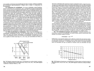 com exatidao ao fenomeno de recristaliza~ao de todos os metais, podemos considerar
que eladescreve aproximadamente a rela~ao entre 0 tempo e a temperatura na
recristaliza~ao.
7.12 Temperatura de recristaliza~ao. Urn termo metalurgico usado freqiiente-
mente e temperatura de recristalizafiio, isto e, a temperatura na qual urn determinado
metal, com uma certa porcentagem de deforma~ao.a frio, recristalizani totalmente em
urn periodofinito de tempo, geralmente de 1hora. E evidente, pela dadaanterior, que a
temperatura de recristaliza~ao nao teni qualquer significado, a menos que 0 tempo de
recristaliza~ao tenha sido estabelecido. Todavia, em razao das altas energias de
ativa~ao, a recristaliza~ao parece realmente ocorrer a uma determinada temperatura
minima. Suponha, para urn certo metal, QT = 210.000 J/mol e que a recristaliza~ao
termine em 1hora a 600 K (323°C). Pode-se entao mostrar, pelaequa~ao davelocidade
de recristaliza~ao, que, se 0 recozimento for feito 10°C abaixo da temperatura de
recristaliza~ao (313°C), a recristaliza~ao total se dani em cerca de 2 horas. Uma
amostra desse metal estani so parcialmente recristalizada aofim de urn recozimento de
1 hora a 10°C abaixo da temperatura de recristaliza~ao (323°C). Por outro lado, urn
recozimento por 1hora e mais do que suficiente pararecristalizar totalmente 0 material
a qualquer temperatura acima de 323°C. De fato, com 10°C acima dessa temperatura
(333°C), encurta-se 0 tempo de recristaliza~ao para meiahora e, com 20°C acima, para
aproximadamente 15 minutos. Para 0 pnitico, essa sensibilidade do processo de
recristaliza~ao a pequenas varia~6es de temperatura faz parecer que 0 metal tern uma
temperatura determinada, abaixo da qual nao haveni recristaliza~aoe, por essa razao,
ha uma tendencia de se considerar a temperatura de recristaliza~ao como uma proprie-
dade do metal e de se desprezar 0 tempo como variavel da recristaliza~ao.
7.13 Efeito da deforma~ao na recristaliza~ao. Duas curvas de velocidade de re-
cristaliza~ao, semelhantes ada Fig. 7.18, sao mostradas na Fig. 7.19. As diferen~as
entre elas e que estas ultimas representam a recristaliza~ao de zirconio em vez de
cobre e recristaliza~ao total em vez de 50% de recristaliza~ao. Os dados estao coloca-
dos no gnifico de modo usual (log 1/T vs.lIT), mas, por conveniencia de leitura, as
abscissas e ordenadas estao expressas em graus centfgrados e horas, respectivamente.
As duas curvas apresentam dados de amostras deformadas a frio com diferentes graus
de deforma~ao. Em ambos os casos, 0 zirconio foi encruado por foIjamento rotativo.
Forjamento rotativo e urn processo de deforma~ao mecanica usado para barras.cilfn-
dricas, onde 0 diametro da barra e reduzido uniformemente por urn martelo mecfmico
dotado de matrizes rotativas. 0 grau de deforma~ao a frio e medido em termos de
porcentagem de redu~ao da area da se~ao transversal circular. A curva da esquerda na
Fig. 7.19 corresponde a amostras com redu~ao de area de 13%, ao passo que a da
direita representa as amostras que sofreram maior redu~ao de area (51%). As duas
curvas mostram claramente que a recristaliza~ao acelera quando se aumenta 0 en-
cruamento. Quando recozidos a uma mesma temperatura, 0 material que foi mais
deformado recristaliza muito mais rapidamente do que 0 menos deformado. Como
exemplo, a 553°C, os tempos para recristaliza~ao completa sao 1,6 e 40 horas para as
redu~6es maior e menor, respectivamente. Analogamente, a temperatura na qual 0
metal recristaliza completamente em 1 hora e menor para 0 que foi mais deformado,
567°C, quando comparado aos 627°C do mateiial menos deformado.
Urn exame acurado das duas curvas da Fig. 7.19 mostra que as retas nao tern a
mesma inclina~ao. Isto significa que a dependencia entre a recristaliza~ao e a tempera-
tura varia com 0 grau de encruamento, ou ainda; a energia de ativa~ao para a recristali-
za~ao e uma fun~ao do grau de deforma~ao. Este fato e enfatizado na Fig. 7.20, que
mostra a varia~ao da energia de ativa~ao para esse mesmo metal (zirconio), em fun~ao
da porcentagemderedu~aode area, emurn intervalo de deforma~ao de menos que 10%
ate mais de 90%. 0 fato de a energia de ativa~ao QT variar com 0 grau de deforma~ao
vern confirmar 0 que ja se havia dito a respeito da natureza complexa de QT'
Fig. 7.14 Velocidades de nuclea~ao e de crescimento. As Se~6es anteriores mos-
traram que a rea~ao de recristaliza~ao, em muitos metais, pode ser descrita por uma
equa~ao de ativa~ao simples da forma
velocidade = Ae-Q,IRT
Temperatura
100
tOOO K 910 K
727°C 637°C
84
o 10 20 30 40 50 60 70 80 90 100
Redu9iio de area, %
r.
~
--1"'-0-.
- "'(:)--0...
t"-
o
-
294
252
:g- 210
E
....
l 168
0
126
Infelizmente, essa equa~ao empirica pouco informa a respeito dos mecanismos atomi-
cos que atuam durante a recristaliza~ao, devido adupla caracteristica de uma rea~ao
de nuclea~ao e crescimento. A velocidade com que urn metal se recristaliza depende
tanto da velocidade com que os nUcleos se formam como da velocidade com que
13"", de redu9iio de area
51% de redu9iio de area
gj
(;
.s::
6
a.
E
~ 10
0,1
Fig. 7.19 Rela90es temperatura-tempo para a recristaliza9ao de zirconio (iodeto), correspon-
dentes a dois diferentes graus de deforma9ao a frio. (Treco, R. M., Proc., 1956,AIME Regional
Conference on Reactive Metals, p.136.)
Fig. 7.20 Energia de ativa9ao para a recristaliza9ao de zirconio (iodeto) em fun9ao do grau de
deforma9ao a frio. (Treco, R. M., Proc., 1956,AIME Regional Conference on Reactive Metals,
p. 136.)
246 247
 