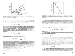 90
75
'"E 60
u
"'$2 45
x
"'~
30
15
00 30 60 90 120
Tempo, minutos
1,:::-_+:-_-+::--~-=-----J
1,0 1,1 1,2 1,3 1,4
1.000/K
Fig. 7.32 Isotermas de crescimento de grao para 0 latao alfa (10% Zn- 90% Cu). Note-se que 0
quadrado do di<lmetro do grao (D2) ediretamente proporcional ao tempo. (De Feltham, P. e
Copley, G. 1., Acta Met., 6, 539 [1958].)
Fig. 7.3~ Os logaritmos dos coeficientes angulares das isotermas da Fig. 7.32 sao inversamente
proporclOnaisao inversoda temperaturaabsoluta. (De Feltham P e Copley G J Acta Met 6
539 [1958].) , . , .., ., ,
onde Q e 0 calor de ativa<;ao empirico do processo,T a temperatura em Kelvin eR a
constante universal dos gases perfeitos. Portanto, a lei do crescimento de grao pode
ser escrita como umafun<;ao da temperatura e do tempo, ou seja,
A_maioria d~s resultados experimentais publicados nao se ajustam com precisao a
equa<;ao do cresclmento de grao. Com afinalidade de compararestes resultados com a
equa<;ao do crescimento de grao, vamos admitir que D02 seja desprezivel em rela<;ao a
~2, de forma que a lei ideal do crescimento de grao pode ser escrita na forma mais
simples
24Feltham, P. e Copley, G. J., Acta Met., 6, 539 (1958).
Usando logaritmonos dois membros da equa<;ao, obtemos
D=kfl
onde k e igual a vICe pode ser uma fun<;ao d'a temperatura, da forma
k =koe-Q12RT
. 7.25 At~mo~ de impurezas em solm;ao s6lida. A presen<;a de atomos estranhos no
reucula?o cns~almo e de consideravel impormncia no crescimento de grao, pois eles
podem mteragIr com os contornos de grao. Esta intera<;ao e analoga aexistente entre
onde 0 e~poente n e, :m mu}tos ~asos, menor do que 0 valor 1/2 previsto pela equa<;ao
do cresclmento.de gra~..Alem d.lsso, 0 expoente fl nao e, em geral, constante para urn
dado metal ou hga metahca, vanand? com a temp~ratura da rea<;ao isotermica. A Fig.
7.34 apresenta 0 expoente de cresclmento de grao em fun<;ao da temperatura para
dados de crescimento de grao obtidos antes de 1951. Note-se que, como uma'regra
geral, 0 expoente aumenta com a eleva<;ao da temperatura e aproxima-se do valor liz.
V~lon:.s e~periment~is de cres~im~nto de grao ta~bem nao se ajustam numa lei de
atlva<;ao simples, pOlS a dependencIa entre 0 cresclmento de grao e a temperatura nao
fornece um valor constante para Q na expressao
ondeko = ~.
Muitos resultados experimentais de crescimento isotermico de grao correspon-
dem a equa<;6es empiricas da forma
Q
=----+ 10gKo
2,3RT
A maioria dos estudos experimentais do crescimento de grao nao tern confirmado essa
rela<;ao. Todavia, alguns trabalhos24 tern obtido resultados que concordam razoavel-
mente bern com a equa<;ao anterior. A Fig. 7.32 mostra parte desses resultados para
latao alfa (l0% Zn - 90% Cu).. Note-se que sao obtidas linhas retas quando D2 e
colocado em fun<;ao do tempo. Vamos agora rearranjar a equa<;ao do crescimento de
grao para
Esta rela<;ao nos diz que 0 membro log (D2 - D02)lt e diretamente proporcional ao
inverso da temperatura absoluta(lIT) e que 0 coeficiente angular dessarela<;ao linear e
dado por Q/2,3R. A expressao (D2 - D02)lt e igual a inclina<;ao das isotermas do
crescimento de grao mostradas na Fig. 7.32. A Fig. 7.33 mostra ologaritmo dos
coeficientes angularesdas quatro linhas da Fig. 7.32 (log [D2 - D02]lt) em fun<;ao do
inverso da temperatura absoluta (lIT). OS dados em questao fornecem uma linha reta,
a partir da qual pode-se deduzir que a energia de ativa<;ao Q para 0 crescimento de grao
do latao alfa com 10% Zn e 73,9 kJ por atomo-grama.
263
262
 