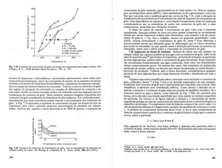 Temperatura, °C
Fig. 7.34 Expoente de crescimento de grao em fum;:ao da temperatura para alguns metais. (De
Fullman, R. L., ASM Seminar Metal Interfaces, 1952, p. 179.)
atomos de impurezas e discordancias, mencionada anteriormente como sendo uma
variavel da recristaliza9aO, isto e, do crescimento do micle~. Se os t,:manhos d? atomo
estranho e do atomo do metal base foram diferentes, cada atomo de Impureza mtrodu-
zira urn campo de tensoes elasticas no reticulado. Todavia, como os contornos de grao
sao regioes de desajuste do reticulado, as energias de deforma9ao do contorno e do
reticulado vizinho ao atomo estranho podem ser reduzidas pela sua migra9ao para as
vizinhan9as do contorno de grao. Desta maneira, podemos imaginar atmosferas no.s
contornos de grao semelhantes as atmosferas de discordancias.·Foiverificado expen-
mentalmente que essas atmosferas podem impedir a movimenta9aodoscontornos de
grao. A Fig. 7.35 apresenta 0 expoente de crescimento de grao em f~D:9ao do teor ~e
impurezas, para cobre contendo pequenas porcentagens de alummIO em solu9ao
s6lida. Note-se que, quando 0 metal aproxima-se de 100% de pureza, 0 expoente de
crescimento de gdio aumenta, aproximando-se doxalor te6rico 112. Note-se tambem
que, na temperatura maior (600oq, mais rapidamente se da a aproxima9ao; este e urn
fato que concorda com a tendencia geral das cur-vas da Fig. 7.34, onde a el:va9ao da
temperatura de recozimento provocaaumento do valor do expoente de creSClmento de
grao. Essa dependencia doexpoente n, com rela9ao a temperatura, pode ser explicada
considerando-se que as atmosferas· de soluto nos contornos de grao sao, a altas
temperaturas, destruidaspor vibra90es termicas.
o efeito do soluto de retardar 0 crescimento de grao varia com 0 elemento
considerado. SolU90eS s6lidas de zinco em cobre podem comport~-s~ n~rmalment~
(desde que outras impurezas tenham sido eliminadas), com respelto a lei do crescI-
mento de grao (n = 1/2), mas ooxigenio, mesmoem pequenas quantidades, como
001% retarda efetivamente 0 crescimento de grao do cobre.25
Essa diferen9a e
p~ova~elmente devida aos diferentes graus de deforma9ao que os varios elementos
provocam no reticulado, ou seja, quanto maior a distor9ao provocada na ~strutura do
reticulado, maior sera 0 efeito sobre a velocidade de crescimento do grao.
7.26 Impurezas na forma de inclus6es. Atomosde soluto que n~oestejam en;
solu9aO s6lida sao capazes tambem de ~nteragir com os contor~osde ~rao. Sabe:se ha
mais de quarenta anos26
que atomos de Impurezas, na forma de mclusoes ou partlculas
de uma segunda fase, podem inibir 0 crescimento de grao dos metais. Essas inc!usoes
sao encontradas freqiientemente nas ligas comerciais, bern como nos denommados
metais comercialmentepuros. Na maioria dos casos, elas consistem em minrisculas
particulas de 6xidos, sulfetos ou silicatos que for<;tm inc,?rporad<;ts ao metal durante 0
processo de produ9ao. Todavia, para a nossa dlscussao, conslderaremos qualquer
particula de uma segunda fase que esteja finamentedividida e distribuida por todo 0
metal.
Vejamos umateoria simplificada sobre a intera9ao entre inclusoes e contornos de
grao,atribufdaa Zener.27 A Fig. 7.36A e urn desenho esquem~tico de uma.inclusao,
localizada num contornode grao que e representado por uma hnha reta vertIcal. Para
simplificar, a particulaseraconsiderada esferica. Comomostra 0 desenho da es-
querda, a inclusao e 0 contorno de grao estao em posi9ao de equilibrio medinico;Se 0
contorno mover-se para a direita, como indicado na Fig. 7.36B, ele assumira uma
forma curva (devida a sua tensao superficial) que tenta manter-se normal a superficie
da particula. Os vetores (Y da figura indicam a dire9ao e a intensidade da t<:nsao
superficial nalinha circular de contato (em tres d~mensoes)entre? contorno de grao ~ a
superficie da inclusao. 0 comprimento total da lmha de contato e 2Tff cos 0, onde reo
raio da particulaesferica e 00 angulo entre a posi9ao de equilibrio do contorno e 0 vetor
(Y. 0 produto da componente horizontal desse vetor, (Y sen 0, pelo comprimento da
linha de contato (entre a particulae 0 contorno de grao) fornece a for9a que 0 contorno
exerce sobre a particula:
800
A
o Alumlnlo
• AI + 2% Mg
oAI +0,6% Mn
{; Latlio de alta pureza
A Latlio comercial
600
0,6
<:: 0,5
0
,~
Ol
Cll
" 0,4
0
C
Cll
E
'u 0,3
<I)
~
0
Cll
"
Cll 0,2
C
Cll
0
0-
X
w 0,1
° 400
oL-..l- ::-'-::- -;-';::-
0) 0,5 1,0
0,5
'"
"
o
C
'"
E
'u
<1)<::
~o
O'<l
~O> 0,1
'"
C
Cll
o
0-
X
W Concenlraqao do soluto, alomos por cenlo
f = 2T(Y(J" COS () sen ()
Pela segunda lei de Newton, esta for9a tambem e aplicada pela particula sobre_0
contorno de grao, sendo maxima quando 0 for 45°. Substituindo este valor na equa9ao
dada, temos a for9a maxima
f= nra
Fig. 7.35 yaria9ao doexpoente ~e.crescimentoqegrao,com aconcentra9ao de alurninioem
solu9ao sohda no cobre. (De Welmg, S. e Machhn, E. S., Trans. AlME, 209,843 [1957].)
"'Wood, D. L., Trans. AlME, 209,406. (1957).
26Jefferies Zaye Archer, R. S., The Science ofMetals, p. 95. McGraw-Hill Book Co., Inc., New York,
"Citado ~or Smith, C. S., Trans. AlME, 175, 15 (1948). (Veja Referencia 24.)
264 265
 