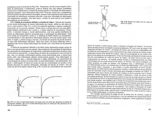 semelhante existe it mostrada na Fig. 8.8C. Finalmente, devido it inter-rela<;ao veloci-
dade de deforma<;ao e temperatura, pode-se deduzir que uma rela<;ao semelhante
existe .entre a temperatura e a tensao de arraste quando a velocidade de deforma<;ao e
mantida constante. Isso e ilustrado na Fig. 8.8 D. Note que, nesse cas(), a temperatura
diminui quand() nos aproximamos daorigem, porque uma temper~tura muito baixa s~b
velocidade..de deforma<;ao constante equivale a uma alta velocldade de deforma<;ao
sob temperatura constante. Nos dois casos, 0 soluto se torna imovel com rela<;ao it
discordfmcia. em movimento.
8.110 limitede escoamento definido e as banda.s de Liiders. Quando sao tra<;adas
curvas tensao-deforma<;ao de metais deformados por tra<;ao, obtem-se dois tipos de
curva, como mostra a Fig. 8.9. A curva da esquerda apresenta 0 aspecto conhecido
como limite de escoamento definido.Nessa curva, a tensao eleva-se com uma defor-
ma<;ao phistica desprezivel ate 0 ponto a, 0 limite superior de escoamento. Nesse
ponto, 0 materialcome<;a a escoarplasticamente, com uma.queda simultaneada
tensao de deforma<;ao phistica necessaria para a continua<;ao da deforma<;ao. Essa
nova tensao de escoamento, ponto b, e chamada de limite inferior de esc()amento,
correspondendo a uma apreciavel deforma<;ao plastica, sob uma tensao quase cons-
tante. A seguir, o.metal come<;a a encruar, ocorrendo urn aumento da tensao necessa-
ria para uma deforma<;ao adicional. Apos esse ponto, ha pouca diferen<;a entre a
aparencia das curvas tensao-deforma<;ao dos metais com e sem limite de escoamento
definido.
olimitedeescoamento clyfinido e umefeit()mllito importante porque.oc()rreno
ferro enos a<;os de baixo teor de carbono. Suaexistenciaede consideravel imporrnncia
nas opera<;oes de estampagem de chapas finas, utilizadas na fabrica<;ao de pe<;as como
carrocerias de automoveis. A imporrnncia do limite de escoamento se deve ao fato de
Ciue,.uma vez iniciiidaadefonna<;ao plastica nurna.dyt~rrninada area,o.metal Besse
pontosofre. uma deforma<;ao plastica•. rel.ativamente grange. Essadef?rmAa<;~o.se
estende. a seguir para 0 •material iidjacente aregiao deformad~, em dec:()rrencIa da
concentra<;ao de. tensoesn() limite entre iis.areas deforrnadas e nao~deformadas. Em
geral, a deforma<;ao se inicia em locaisern que ha concentra<;ao de tensoes, como
bandas discret<.ts de. materiiil deformad(),. chamadas de bandas de Liiders. Em urn
c()rpo de provade tra<;ao.comum (Fig. 8.10), os raios de concordancia sao concentra-
Fig. 8.10 Bandas de Liiders em urn corpo de
prova de tra«ao.
Regi6es
deformadas
Frentes m6veis das
bandas de LOders
dores de tensoes eentao pontosonde se formam as bandas de Liiders.6 As frentes
dessas bandas formam urn angulo de aproximadamente 50° com 0 eixo de tra!(ao e sao
chamadas de linhas de Lt'iders. As bandas de Liiders nao devem ser confundidas com
as linhas de escorregamento, pois e bern possivel que haja centenas de cristais coope-
randopara formaruma banda de Liiders, cada umescorregando de urn modo com-
plexo no seu planode escorregamento. Urna vezJormada uma banda de Liiders em urn
rai(). de concordancia.do corpo de. prova de tra!(ao,. ela pode mover-se por todo 0
comprimento da amostra. As bandas podem formar-se simultaneamente nas duas
e~t:emida~e~ de urn corpode provade tra!(ao, ou mesmo, sob certas condi!(oes, em
vanaspos~!(oes a? longo do mesmo.. Em qualquer caso, a deforma!(ao se inicia
em dete.rmmadas areas e se estende para as .areas nao-deformadas. Isso ocorre sob
uma tensao qllase constante: 0 que explica 0 trechohorizontal da curva tensao-
~efo~ma!(ao, no limite inferior deesc?am.ento. Defato, 0 limite inferio~ de escoamento
pod~ serencarado. como a}ens.ao necessaria para propagar as bandas de Liiders. A
velocidade com que aJrente das bandas de Liiders se. move aumentaco
m
ii tensao
aplic~da.Muit~s maquinasdeensaio tendema deformar ocorPo de prova a uma
velocldadepre.ft~ada.Se duas ba?das de Liidersse movem no c0rPo de prova, a frente
de cadabanda lramover-seaproxlrnadamente coma metade davelocidade dafrente de
llma ba~dasimples. IssosignificaCiue a tensao de escoamento necessaria para movi-
mentar duas frentes sera menorque a necessaria paramovirnentar uma unica frentee,
em geral, urn aumento. ou diminui!(ao do numero deJr~ntes de Liiders deve acarretar
yma .fllltua!(ao.do limite inferior de escoamento. Isso explica a flutua!(ao do limite
mfenorde escoamento mostrado esquematicamente na Fig. 8.9..Somente depoisque a
deforma!(ao de Liiderstenha cobertotodo 0 comprimentodo cOrPo de provae que a
curva tensao-deforma!(ao se. elevara novamente.
No exemplo mencionado da chapa de a!(o de baixo teor de carbono, usadana
conforma!(ao de carrocerias de automoveis, 0 usa de materiais que apresentam limite
de escoamento definido produzira superficies irregulares. Essas superficies resultam
(B)
Deforma<;ao sob lra<;ao
(A)
-8
o b
"13
<J)
C
~
Fig. 8.9 (A) Curva tensao-deforII;1axao~obtra«ao para lm metal que apr~~enta urn limited.e
escoamento definido. (B) Curva tensao-deforma«ao para urn metal que nao apresenta urn lI-
mite de escoamento definido.
GLiss, R. B., Acta Met.. 5,342 (1957).
290
291
 