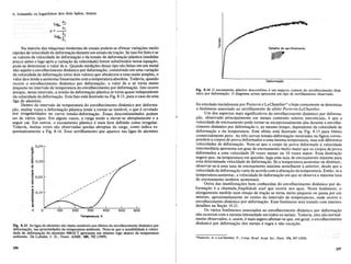 e, tomando os.logaritmos dos dois lados, temos
Fig..8.13. As liga~ de aluminio sao .muitosensiveis aos efeitos do envelhecimento dinamico por
deforma"ao, nas proximidades da temperatura ambiente. Note-se que a sensibilidade aveloci-
dade de deforma"ao .do aluminio. 6061S-T apresenta um minima logo abaixo da temperatura
ambiente. De Lubahn, J. D., Trans. AIME, 185,702 (1949).
Na maioria das maquinas modemas de ensaio podem-se efetuar varia~oes muito
nipidas de velocidade de deforma~aodurante urn ensaio de tra<;:ao. Se isso forfeito e se
os valores da velocidade de deforma<;:ao e da tensao de deforma<;:ao plastica (medidas
pouco antes e logo apos a varia<;:ao da velocidade) forem substituidos nessa. equa~ao,
pode-se determinar 0 valor de n. Quando medi<;:oes desse tipo sao feitas em urn metal
nao sujeito a envelhecimento dinamico por deforma<;:ao, consistindo em uma varia<;:ao
da velocidade de deforma<;:ao entre dois valores que obedecem a uma razao simples, 0
valor den tende a aumentar linearmente com a temperaturaabsoluta. Todavia, quando
ocorre 0 envelhecimento dinamico por deforma~ao, 0 valor de n se toma muito
pequeno no intervalo de temperatura do envelhecimento por deforma<;:ao. Isto ocorre
porque, nesse intervalo, a tensao de deforma~ao plastica se toma quase independente
da velocidade de deforma<;:ao. Este fato esta ilustrado na Fig. 8.13, para 0 caso de uma
liga de aluminio.
Dentro do intervalo de temperatura do envelhecimento dinamico por deforma-
<;:ao, muitas vezes a deforma<;:ao plastica tende a tomar-se instavel, 0 que e revelado
por irregularidades na curva tensao-deforma<;:ao. Essas descontinuidades podem
ser de varios tipos. Em alguns casos, a carga tende a elevar-se abruptamente e a
seguir cai. Em outros, 0 escoamento plastico e mais bern definido como irregular.
Todavia, muitas vezes sao observadas quedas abruptas da carga, como indica es-
quematicamente a Fig. 8.14. Esse serrilhamento que aparece nas ligas de aluminio
Detalhe do serrilhamento
~
Deforma<;ao
o
<til
f1l
C
{!:.
Fig. 8.14 0 escoamento plastico descontinuo eum aspecto comum do envelhecimento dina-
mico por deforma"ao. 0 diagrama acima apresenta um tipo de serrilhamento observado.
foi estudado inicialmente por Portevin e LeChatelierll
e hoje cornumente se denomina
o fenomeno associado ao serrilhamento de ejeito Portevin-LeChatelier.
Urn dos aspectos mais significativos do envelhecimento dinamico por deforma-
<;:ao, observado principalmente em metais contendo solutos intersticiais, e que a
velocidade de encruamento pode tomar-se excepcionalmente alta durante 0 envelhe-
cimento dinamico por deforma<;:ao e, ao mesmo tempo, dependente da velocidade de
deforma<;:ao e da temperatura. Este efeito esta ilustrado na Fig. 8.15 para titanio
comercialmente puro. As tres curvas tensao-deforma<;:ao mostradas na figura corres-
pondem a corpos de prova deformados a uma mesma temperatura, mas sob diferentes
velocidades de deforma<;:ao. Note-se que 0 corpo de prova deformado avelocidade
intermediaria apresenta urn grau de encruamento muito maior que os corpos de prova
deformados a uma velocidade 20vezes menor ou 10 vezes maior. Essa ilustra<;:ao
sugere que, na temperatura em questao, haja uma taxa de encruamento maxima para
uma determinada velocidade de deforma<;:ao. Se a temperatura aumentar ou diminuir,
observar-se-a uma taxa de encruamento maxima semelhante aanterior, desde que a
velocidade de deforma<;:ao varie de acordo com a altera<;:ao da temperatura. Entao, se a
temperatura aumentar, a velocidade de deforma<;:ao em que se observa a maxima taxa
de encruamento tambem aumentara.
Outra das manifesta<;:oes bern conhecidas do envelhecimento dinamico por de-
forma<;:ao e a chamadajragilidade azul que ocorre nos a<;:os. Neste fenomeno, 0
alongamento medido num ensaio de tra<;:ao se toma muito pequeno ou passa por urn
minima, aproximadamente no centro do intervalo de temperaturas, onde ocorre 0
envelhecimento dinamico por deforma<;:ao. Esse fenomeno sera tratado com maiores
detalhes na Se<;:ao 19.21.
Os varios fenomenos associados ao envelhecimento dinamico por deforma<;:ao
nao ocorrem com a mesma intensidade em todos os metais. Todavia, eles saonormal-
mente observados, e, assim, e mais seguro afirmar-se que, em geral, 0 envelhecimento
dinamico por deforma<;:ao dos metais e regra e nao exce<;:ao.
nportevin, A. e LeChatelier, F., Compo Rend. Acad. Sci., Paris, 176, 507 (1923).
600
500
Temperatura, K
./
./
./
./
./
./
./
./
./
./
./
./
./
./
./
./
./
./'--
o 0,04
....
l;l"
E
~
"0 0,03
Q)
"0
Q)
-g
:g 0,02
o
j
-<IS
Q)
-g 0,01
;g
:c
0;
c
$
r::
296 297
 