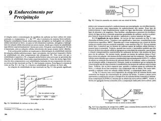 9 Endurecimento por
Precipitagiio
A rel~ao entre a concentra~ao de equilibrio de carbono no ferro cubico de corpo
centrado e a temperatura, C = Be-Q1RT, nao e exclusiva do sistema ferro-carbono.
Rela~6es semelhantes foram observadas para nitrogenio ou hidrogenio em solu~ao
solida intersticial no ferro, ou para os tres elementos (carbono, nitrogenio e hidroge-
nio) em solu~ao solidaintersticial em outros metais, desde que 0 limite de solubilidade
sejainferior aaproximadamente I alomo por cento. Em geral, essa limita~aode 1% nao
e importante, pois as solu~6es solidas intersticiais sao quase sempre muito diluidas.
A lei acima pode tambem ser usada para a determina~ao da solubilidade maxima
de solu~6essolidas substitucionais. Aqui, novamente, ela e precisa1
enquanto 0 limite
de solubilidade em altas temperaturas nao ultrapassar 1%. Nos casos em que a
solubilidade esuperior a 1%, a equa~ao ainda fomece uma curva que se aproxima das
rela~6es de solubilidade observadas experimentalmente. Como ha muitas ligas bina-
rias (de dois componentes) com solubilidades limitadas de um componenteem outro,
as curvas do tipo mostrado na Fig. 9.1 sao bastante comuns. Essa figura e a mesmaja
vista na Fig. 8.3, do Cap. 8, e mostra a solubilidade do carbona no ferro alfa.
As rela~6es de solubilidade do tipo mostrado na Fig. 9.1 tem grande significado
1.000°
Solubilidade a
temperatura ambiente
Teor de carbono na Ii~a
0,005 0,010 0,015 0,020
Porcentagem em peso de carbono
Fig. 9.1 Solubilidade do carbono no ferro alfa.
'Freedman, J. F. e Nowick, A. S., Acta Met., 6 (1958), p. 176.
304
Cristal de
cementita (Fe,C)
Cristal de ferrita
(solu~o s6lida de
carbono em ferro cubico de
corpo centrado)
Fig. 9.2 Crista! de cementita em contato com urn crista! de femta.
pnitico por tomarem possivel 0 endurecimento por precipita~ao,ou envelhecimento,
um dos processos mais importantes de endurecimento dos metais. Esse tipo' de
~ndurecimentoe mais freqiientemente usado em ligas nao-ferrosas, principalmente
hgas de aluminio e de magnesio. Para facilitar, estudaremos 0 processo de envelheci-
~ento,d~ ligas de ferro contendo pequenas quantidades de carbono, porem os princi-
plOS baslcos desenvolvidos sao gerais e aplicaveis a outros sistemas de ligas.
9.1 0 significadoda curva solvus. As curvas dotipo mostrado na Fig. 9.1 sao
chamadas de linhas solvus. Vejamos 0 seu significado e, para isso, consideremos uma
temperatura especifica: 600°C. Suponha que a essa temperatura um cristal de ferrita
esteja em contato com um cristal de cementita, como mostra a Fig. 9.2. Em um sistema
desse tipo, e possivelque os atomos de carbona saiam da solu~ao solida (ferrita) e
passem para a cementita. Todavia, quando isso ocorre, e necessario tambem que tres
atomos_de ferro ~a so.lurao solida se,a¥reguem ao reticulado dacementita, para manter
a rela~ao esteqmometnca caractenstlca do carboneto de ferro; tres atomos de ferro
para um de carbono. Do mesmo modo, quando urn alomo de carbono deixa 0 FeaC
para entrar em solu~ao,tres atomos de ferro precisam sair do composto..Nas solu~6es
solidas muito diluidas que estamos considerando (aproximadamente 0,01% C), 0 efeito
da adi~aoou rem~ao dos atomos de solvente (ferro) e de carbono, sobre a concentra-
~ao da solu~aosolida, e despreziveL Portanto, pode-se considerar que as varia~Oesde
concentra~aosao devidas somente atransferencia de atomos de carbono entre as duas
fases. Todavia, nao se deve esquecer que, quando 0 carbona passa ao carboneto de
ferro, 0 volume desta fase aumenta e sua composi~ao na<? se altera.Por outro lado,
quando 0 carbono entra em solu~ao solida (ferrita), a composi~ao desta varia.
A Fig. 9.3 mostra uma curva hipotetica da energia livre do sistema ferrita mais
cementita em fun~ao da concentra~aode carbona da ferrita. 0 ponto a dessa curva
representa a composi~ao em que a energia livre do sistema ferrita-cementita e minima.
Essa composi~ao(0,010%) e a mesma que se obtem da curva solvus a 600°C. Assim, a
ferrita do agregado ferrita-cementita tera a composi~ao dada pela curva solvus, para
Energia livre
do sistema
ferrite-cementita
a 600"C (873 K)
0,005 0,010 0,015 0,020
Porcentagem em peso de carbono na ferrita a 600"C
Fig. 9.3 Curva hipotcWca de energia livre a 6O()OC para 0 sistema femta-cementita da Fig. 9.2
em func;:ao da concentrac;:ao de carbona da ferrita.
305
 