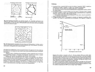 Precipilado Regiao
generalizado fino empobrecida
(A)
Precipitado em contorno de grao
Malriz empobrecida
(B)
Problemas
1. Uma liga de ferro, contendo O,Ol%em peso de carbono,.e aqllecida a 7000C e mantida na
temperatura ate atingir 0 equilibrio. A seguir, ela e resfriada em .agua gelada.
(a) Determine 0 teorde carbono em soluc;:ao solida apos oresfriamento.
(b) Seriapossivel conservar essaamostra indefinidamente em aguagelada e manter() carbona
em soluc;:ao solida? ..... . .. . ....
2. Uma ligaferro-carbono, contendo 0,018% em peso de carbo~o, eaquecidaa 723°C e mantida
ate atingir 0 equilibrio. A seguir, ela e resfriada ate 5000C, posteriormente ate a temperatura
ambiente e entao envelhecida a lOOOC durante 10 horas.
O·precipitado estara u~iformemente.·distribuido? .Se nao estiver,·descreva quantitativa-
mente a natureza .da distribllic;:ao.
3. 0 diagrama abaixo mostra. a extremidadedoaluminiodo diagrama de equilibrio cobre-
aluminio. Com relac;:ao ao endurecimento por precipitac;:ao, esse diagrama e analogo ao
F~g. 9.15 Nucleac;:ao heterogenea em contornos de grao. (A) Velocidade moderada de res-
fI.:amento ~ode resultar tanto em nUcleac;:ao heterogenea nos contornos de grao, como nuclea-
c;:ao homogenea no centro dos graos. (B) Resfriamento muito lento pode acarretar precipitac;:ao
apenas nos .contornos de grao.
Fig. 9.16 Repn~sel1tac;:~o esquematka de uma. estrutura de Widmanstiitten.. Al) Iinhas .curtas e
escuras represe~tam ()s precipitados em fonna de plaquetas que estao alinhados com determic
nados pianos cnstalognfficos dos cristais da matriz.
()
0
ai
:;
~
Q)
300
a.
E
Q)
I-
200
1@0
Solu<;ao s6lida de
cobre em alumlnio
Fase 0
diagrama ferro-carbono, mostrado na Fig. 9.1. Ha uma soluc;:ao solida que contem cobre
dissolvido em aluminio, semelhante it de carbona dissolvido no ferro, e uma fase secundana
que pode precipitar. Essafase e a 0, ou CuAlz, analogait cementita. Mesmo que 0 nao sefonne
diretamente a partir da soluc;:ao solida, por haver tres fases precipitadas intermediarias, isso
nao e importante de urn ponto de vista elementar. Finalmente, uma liga que contem 4,5% de
cobre endurecera na temperatura ambiente em alguns dias.
(a) Indique 0 procedimento completo necessario para endurecer essa liga com 4,5% em peso
de cobre se 0 envelhecimentoforfeito ittemperaturaambientee desejarmos a maxima dureza.
(b) 0 aumento de resistencia decorrente do tratamento descrito podera set afetado se 0 metal
for mantido it temperatura de 4000C por urn longo tempo? Explique.
Porcentagem em peso de cobre
c;ao plastica de cisalhamento, deixa urn grande numero de segmentos de discordfmcias
nos pIanos de escorregamento que atuam como locais preferenciais para a nucleac;ao
heterogenea.
Algumas vezes, 0 fenomeno de precipitac;ao e ainda complicado pela ocorrencia
de recristalizac;ao durante a formac;ao do precipitado. Quando isso ocorre a matriz
recrist~liza e seus atomos se reagrupam para formar novos cristais. '
. Fmalmente, deve-se destacar que nem sempre os precipitados sao esfericos.
Mmtas :,:zes eles tern a forma de plaquetas, ou mesmo de agulhas. Em muitos casos,
o~ preclpltados em :orma de plaquetas ou de agulhas crescem de tal maneira que se
ahnham em determmados pianos cristalognificos ou direc;oes dos cristais da matriz.
Costuma-se cha~ar tais formac;oes de estruturas de Widmanstiitten. A Fig. 9.16
mostra esquematlcamente uma tfpica estrutura de WidmansHitten.
318
o
Al
40 50
319
 