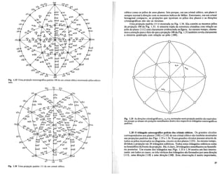 Fig. 1.35 As dire<;:Oes crista!ognmcasa" a. e a3 mostradas nesta proje.;:ao padrao sao equiva!en-
tes porque se situam em posi<;:oes semelhantes dentro dos respectivos triiingulos estereognif'icos
padroes.
1.20 0 triangulo es.tereogratico p2drao dos cristais cubicos. Os grandes circulos
correspondentes aos pIanos {IOO} e {l1O} de urn cristal cubico sao tambem mostrados
nas proje~6es padr6es das Figs. 1.33 e 1.34. Esses grandes circulos passam atraves de
todos os polos mostrados nodiagrama, exceto os dos pianos {l23}. Aomesmo tempo,
dividem a proje~ao em 24 triangulos esfericos. Todos estes triangulos esfericos estao
no hemisferio dafrente da proje~ao.Ha, e claro, 24 triangulos semelhantes no hemisfe-
rio posterior. Urn exame dos triangulos nas Figs. 1.33 e 1.34 mostra urn fato interes-
sante: emtodos os casos, os tres vertices dos triangulos siioformados porumadire~ao
(111), uma dire~ao<11~ e uma dire~ao{l~. Esta observa~aoe muito important~,
cubico como os polos de seus pIanos. Isto porque, em urn cristal cubico, urn plano e
sempre normal adire~ao com os mesmos indices de Miller. Entretanto, em urn cristal
hexagonal compacto, as proje~6es que !l!ostram os polos dos pIanos e as dire~6es
cristalognificas nao sao as mesmas.
021 Urna proje~ao padrao III e mostrada na Fig. 1.34. Ela contem os mesmos p6los
da proje~ao 100 da Fig. 1.33. A simetria tripla da estrutura cristalina com rela~ao ao
polo do plano {Ill} esta claramente evidenciada na figura. Ao mesmo tempo, chama-
mos a aten~ao para 0 fato de que a proje~ao 100 da Fig. 1.33 tambem revelaclaramente
a simetria qmidrupla com rela~ao ao polo {l00}.
01
001
010 010
DDT
Fi!? 1.33 Vma proje<;:ao estereognmca padrao 100 de urn crista! cubico mostrando polos adicio-
mus.
123
Fig. 1.34 Vma proje<;:ao padrao 111 de urn crista! cubico.
27
 