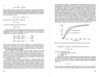 ou
poremadl11itimos qlleas dllas fasesestao em equilibrio. Isto significaque 0 estadodo
sistemabifasico e tal que sua energia livre (a energia livre total das duas solu~oes) e
minima. A varia~ao de energia livre para qualquer varia~ao infinitesimal do sistema,
como a transferencia de uma pequena quantidade do componenteA de uma fase para
outra, deve ser nula. Assim
Como dnA nao e nula, podemos conduir que
vista pnitico quanta cientifico, a transforma~ao do estanho branco para cinzae muito
!enta em qualquer temperatura abaixo de 13,2°C. Com referencia ao aspecto pratico, e
lmportante que 0 estanho nao se transforme rapidamente em estanho cinza, uma vez
em temperaturas abaixo da temperatura de equilibrio, pois os objetos de estanho
usualmente se desintegram quando sofrem a transforma~ao. 0 estanho cinza tern a
estrutura cristalina cubica do diamante, uma estrutura basicamente fnigilque,asso-
ciada a grande expansao volumetrica (cerca de 27%) que acompanha a transforma~ao,
pode provocar a desintegra~ao do metal a urn estado pulverulento. Por outro lado,
como a transforma~ao ocorre muito lentamente, torna-se possivel estudar as proprie-
dades do elemento nas duas formas cristalinas, em uma amplafaixa de temperaturas.
Desta maneira, os calores especificos isobliricos tanto do estanho cinza como do
branco foram medidos, desde a temperatura ambiente ate quase 0 zero absoluto. Urn
gnifico mostrando esses resultados e apresentado na Fig. 12.1. A importfmcia dessa
informa~aoreside no fato de que com ela e possivel calcular as energias livres das duas
fases solidas em fun~ao da temperatura. Vejamos como isto pode ser feito.
300
250
Cp do estanho branco
100 150 200
Temperatura, K
50
£<--- Cp do estanho cinza
25,2
8,4
16,8
~
GAa Gi3
GAY GAIL
QBa GBIl GBY GBIL
Gea Gell GeY =GelL
Estes resultados nao se restringem apenas a sistemas com dois componentes ou
sistemas que contem duas fases. De fato, pode-se demonstrar que, no caso geral deM
componentes com JL fases em equilibrio, a energia livre parcial molar de qualquer
componente e a mesma em todas as fases, ou
e, de maneira analoga, pode-se demonstrar que
.................................
GMa = GJ,l = G.~/ = ..... = GMIL
Fig. 12.1 Cp em fun"iio da temperatura para as duas formas de estanho solido.
onde os indices superiores indicam as fases (solu~6es), e os indices inferiores, os
componentes. Alem disso,· uma· vez. que· a .energia livre parcial molar de qualquer
componente e a mesma em todas as fases, .nao precisamos usaros indices indicati-
vos das fases para especificar as energias livres parciais molares dos componentes.
12.5 0 numero de Cases de uma figa
Sistemas unitarios. Para a compreensao dos sistemas de ligas, enecesslirio
conhecer as condi~6es que determinam 0 numero de fases em equilibrio. Em um
sistema unitario, essas condi~6es sao bem conhecidas. Observando-se a Tabela 12.1,
verifica-se que, em urn sistema unimrio (ferro puro), sob condi~ao isobarica, duas
fases podem coexistir apenas nas temperaturas correspondentes as transforma~6es de
fases: evapora~ao, fusao e transforma~6es de fase no estado solido. Em outras tempe-
raturas apenas uma fase e estaveI.
Consideremos agora as causas que determinam as mudan~as de fase em um
sistema comum cOlllponente; Em particular, suponhamos uma transforma~aode fase
no estadosolido, atransforma~aoalotropica do estanho branco em estanhocinza. 0
estanho branco, ou fase beta (f3), tem uma estrutura cristalina tetragonal de corpo
centrado, que pode ser consideradacomo uma estrutura cubica de corpo centrado com
um dos eixos alongado. Esta e a forma comum, comercial, do estanho, que apresenta
um brilho memlico caracteristico. A outra, ou fase alfa (0:), tem colora~ao cinza e e a
fase de equilibrio em temperaturas abaixo de 13,2°C. Felizmente, tanto sob 0 ponto de
Por defini~ao, a energia livre de Gibbs de Ima substancia pura e
G =H-TS
onde G = energia livre molar
T = temperatura absoluta em Kelvin
H = entalpia molar
S = entropia
Para calcular a energia livre da substancia em uma dada temperatura T, e necessa-
rio conheceraentalpiaHe a entropiaS. Essas duas grandezas podem ser determinadas
em fun~ao do calor especifico isobarico Cpo Assim, em urn processo reversivel isoba-
rico, 0 calor trocado entre 0 sistema e 0 ambiente e igual a varia~ao de entalpia do
sistema,ou
q = dH
onde q representa uma quantidade infinitesimal de calor trocada entre 0 sistema eo
ambiente e dH e avaria~ao. d~ entalpia do sistema. Mas, paraummol de subsmncia,
392 393
 
