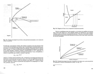 Energia
volumetrica
Energia
superficial
Fig. 13.2 Diagrama de fases de urn componente (temperatura-pressao).
Note-se a semelham;:a entre esta equa93.0 e a do numero de equilibrio de lacunas
num cristal (vide Se93.0 6.7). Essa equa93.0 poderia ser deduzida de uma maneira
analoga ausada na obten93.0 da equa93.0 das lacunas.2 Para isto, enecessario conside-
rar a entropia de mistura associada aparti93.0 de atomos entre a fase vapor e particulas
de diversos tamanhos.
Negativa
~
.~
al
.~
Q)
c:
W
Fig. 13.1 Varia9ao da energia livre por atomo, numa particula de precipitado, com 0 numero de
atomos da particula.
de modo que, num pequeno volume, eles tendem a arranjar-se em uma estrutura mais
caracteristica da fase liquida que dafase vapor. Essaflutua93.0 echamada dejlutuar,;iio
heterofase, e se constitui na origem blisica dos embrioes. Numa fase estavel, como no
ponto c da Fig. 13.2, pode-se demonstrar que a probabilidade de observar urn embri3.o
de urn dado tamanho, contendo n lltomos, eproporcional a e-DGnlkT, onde t:.Gn e0
aumento de energia livre associado aforma93.0 da particula. Como conseqiiencia, 0
numero de particulas que .contem n atomos edado por
N n
;:::· Ce -MJnlkT
onde N n e0 numero dessas particulas, t:.Gn a energia livre necessliri~ para formar uma
particula, C uma fun93.0 que varia pouco comn, ek e T tern seu significado normal. Em
umaaproxima93.0 razoavel, C pode ser admitido como igual aN, 0 numero total de
at0l1'10s, desdeque 0 numero de particulasseja pequeno emcOmpara93.0 aN.. Pode-
mos, portanto, escrever
Energia livre
da partrcula
~
~
al
.~
Q)
c:
W
Numero de atomos, n
Fig. 13.3 Varia9ao das energias livres total, de superficie e de volume COmn, para uma particula
na temperatura e pressao correspondentes ao ponto c da Fig. 13.2.
'Ibid.
410
411
 