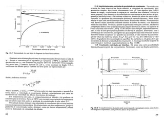 o
o
~
::J
'" 600
!;;
Q.
E
~
400
200
o
a e cementita
0.12
13.8 Interferencia entre particulas de precipitado em crescimento• .. Deacordo.com
a teoria de Zener discutida na Se9ao anterior, a velocidade de crescimento;para
geometrias simples, deve variar inversamente com vr:. Isso significa que, como
passar do tempo, a velocidade da migra9ao da interlace deve diminuire tornar-se
muito pequena. Esta diminui9ao da velocidade de crescimento se deve ao fato de que,
quando a particula cresce, ela continua a absorver atomos de soluto da matriz que a
circunda, e 0 gradiente de concentra9ao pr6ximo aparticula decresce. Nesta teoria
admite-se que cada particula esteja numa matriz de extensao infinita. Numa amostra
real, havera varias particulas retirando Momos de soluto da matriz, eas distancias
entre elas sera finita. No inicio, quando as particulas come9am a crescer, nao havera
competi9ao efetiva entre as particulas para adquirir Momos do soluto, e a hip6tese de
Zener concorda com os fatos. A Fig. 13.18A mostra essasitua9ao, esquematicamente,
para 0 caso de dois precipitados paralelos em forma de plaqueta. Entretanto, com a
continua9ao do crescimento, as regioes das quais as particulas estao retirando atomos
de soluto tendem a superpor-se. Quando isso acontece, 0 valor maximo da concentra-
9ao de soluto da matriz cai abaixo de nB"'. Isso, por sua vez, deve influenciar 0 valor
efetivo do gradiente de concentra9ao na superficie das particulas e, em geral, deve agir
no sentido de diminuir a velocidade de crescimento. A mudan9a resultante no perfil de
concentra9ao e mostrada esquematicamente na Fig. 13.18B.
13.9 Crescimento controlado por interface. Ha ainda uma outra possibilidade
basica pela qual se pode dar 0 crescimento. Neste caso, como nas Se90es anteriores,
Fig. 13.17 Extremidade rica em ferro do diagrama de fases ferro-carbono.
Qualquer outra diminui9ao adicional de temperatura nao alterara muito 0 valor de
lXl*' porque a concentra9ao de equilibrio ja e pequena a 400°C e, qualquer outro
decrescimo em nB
Q
, tern somente urn pequeno efeito no numerador dessa equa9ao.
Por outro lado, v. tambemdepende de Vl5 e, como mostrado na Se9ao 11.4, 0
coeficiente de difusao para 0 carbona no ferro pode ser representado por
nt
o
,ro
0-
'iii
o
Q.
E
o
o
Precipitado
Matriz
Precipitado
D=Doe
Assim, podemos escrever
83.160
---
RT
Distancia
(A)
Precipitado
Matriz
Distancia
(B)
Precipitado
~~---------------
o n;
,ro
0-
'iii
o
Q.
E
o
o
Fig. 13.18 0 empobrecimento da matriz pode ocorrer quando 0 precipitado cresce, como ilustra
este diagrama esquematico para partlculas planas de precipitado.
Abaixo de 400°C, 0 termo e-41.5801RT se. torna cada vez mais importante e, quando T se
torna menor, a velocidade de crescimento diminui, principalmente por causa do
decrescimo da velocidade de difusao dos atomos de carbono.
Em temperaturas elevadas, os comportamentos da difusao e do gradiente de
concentra9ao se invertem. Perto de 700°C, por exemplo, umavaria9ao de temperatura
tern urn efeito mais forte sobre 0 gradiente de concentra9ao do que sobre D1I2.
o resultado desses efeitos e uma velocidade de crescimento que se torna maxima
em u.ma temperatura intermediaria. Ela e baixa tanto em altas temperaturas, porque 0
gradlentede concentra9ao tendea diminuir, como em baixas temperaturas, porque
ocorre a diminui9ao da Velocidade de difusao.
432 433
 