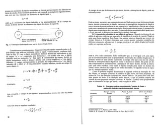 Fig. 3.7 Intera~ao dipolo-dipolo num par de atomos de giis inerte.
r 2. 2
if> ""'J at;,. dr"'" aJ.16
00 r r
A energia de urn par de atomos de gas inerte, devida aintera~6es dedipolo, pode ser
estimadacomo
Pode-se notar, portanto, que a enefgia de van der Walls entre urn par de atomos de gas
inerte, devida a intera~6es de dipolo, variacomOquadrado do momenta de dipolo e
com 0 inverso da sexta potenciade sua separa~ao; e significativo 0 fato de que a for~a
varia com 0 quadrado do momenta de dipolo. Porum periodo de tempo, omomento de
dipolo paraurn gas inerte deve ser nulo. 0 quadrado destaquantidade nao e igual a zero
e e por issoque os Momos dos gases inertes podem interagir.
3.8 A energia do reticulado de urn sOlido de gas inerte. Quando os atomos de urn
solido de gas raroestao na sua separa~ao de equillbrio, a atra~ao de van der Waals se
op6e uma for~a repulsiva. Esta for~a e da mesma natureza daquela queocorre em
cristais iOnicos e e devida a intera~ao que·ocorre quando camadas completas de
eletronscome~am a sobrepor-se. A energia coesiva de urn solido de gas inerte pode
entao ser expressa na forma
Atomo com momento
dipolAr induzido /LI= ag
Atomo com momento
dipolar instantaneo JL
1.-1------- r ----.----+j~
J.1J=aE
onde 1-'1 e 0 momento de dipolo induzid~, a e a P?lariza?ilidade e E e 0 campo no
atomo a direita devido ao momento de dipolo do atomo a esquerda.
possua urn momento de dipolo instantaneo. 1-', devido ao mov~n:ento dos eIetr~ns em
tnrno do nucleo. Este momento produzini urn ~amp~ E na pOSI~ao do segundo atomo,
que, por sua vez, induzini urn momenta de dipolo IgUal a
Consideremos primeiramente a for~a exercida pelo dipolo e~querdo sobre ? d~­
polodireito, que pode ser estimada como se,segue., V~m.os ad.mItir, .conforme mdI-
cado na Fig. 3.7, que 0 dipolo induzido no atomo a direita seJa eqUl,:alente a~ par
de cargas -e'.e +el,separadaspela distancia a:. De.acordo com IStO, o ..~:hpolo
induzido teni urn momenta e'a'. Seja agora E a mtensidade ds. campo, devI~o ao
dipolo instantaneo, sobre 0 atomo a direita com a carga neg~t~va <
-e;) do d~polo
induzido. 0 campo correspondente. na posicao.da c~ga ,?OSItIVa .<+e ) do dipolo
induzido e E + dE/d,.·a'.A for~atotalsobre 0 dipolo mduzIdo, devIdaaocampo do
outro dipolo, e:
(
dE I) ,IdE dE
f= -e'E+ e
l
E +dr a . =e a dr = J.1J dr
Entretanto,
J.1J=aE
A B
U=---+-
r6 r n
onde At Ben sao constantes. Ja foi verificados que, se Il for igual a 12, esta equa-
~ao se correlaciona bern com as propriedades observadas dos solidos de gas raro. 0
primeiro termo do lado direito representa aenergia total para urn mol de cristal,
devida as intera~6es dipolo-dipolo de todos os atomos do solido. Ela pode ser ob-
tida computando-se primeiramente a energiade urn unico Momo, devida. as intera-
~6es com seus vizinhos. Esse valor e· depois somado para todos os Mornos do
cristal. Esses calculos sao longos e nao serao discutidos. 0 segundo termo da equa-
~ao e a energia repulsiva molar. "
Como se poderia imaginar da natureza de segunda ordem da intera~ao de van
der Waals, as energias coesivas de solidos de gas inerte sao bern pequenas, da
ordem de 1/100 das energias coesivas dos cristais ionicos. Os gases raros tern tam-
bern pontos de fusao e de ebuli~ao muito baixos, 0 que se poderia esp"erar em
virtude de suas pequenas energias coesivas. A Tabela 3.1 indica essas propriedades
para os elementos do tipo gas inerte, com exce~ao do helio.
eportanto,
dE
f=aE-
dr
Tabela 3.1 Energias coesivas experi~entais, 9
pontos de fusiio e
pontos de ebuli"ao dos elementos gases inertes
mas, em geral, 0 campo de urn dipolo eproporcional ao inverso do cuba da distan-
cia, .ou
J.1
E"",.~
r
Energia coesiva Ponto de fusiio Ponto de ebuliriio
Elemento kJ/mol °C °C
Ne 1,89 -248,6 -246,0
A 7,77 -189,4 -185,8
Kr 10,88 -157 -152
Xe 16,09 -Il2 -lOS
Isso nos leva ao seguinte resultado:
2
fJ.dJ.1 J.1
[""'a f3dr r3~a 77 "Lennard-Jones, J. E., Physico. 4,941 (1937).
"Dobbs, E. R. e Jones, G.O., Reports on Prog. in Phys., 20,516(1957).
58 59
 