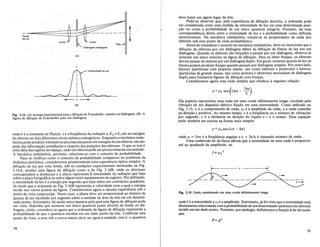 Fig. 3.14 (A) Arranjo experimental para a difra~ao de Fraunhofer, usando urn diafragma. (B). A
figura de difra~ao de Fraunhofer para urn diafragma.
~X---
Fonl:e-IEE============3E~~
deluz
Lenle
(A)
(B)
Inlensidade da luz
Tela
t
x
t
deve bater em algum lugar da tela.
Pode-se observar que, pela experiencia de difra~ao descrita, a ordenada pode
ser considerada como uma medida da intensidade de luz em uma deterrninada posi-
~ao ou como a probabilidade de urn unico quantum atingi-Ia. Portanto, hi uma
correspondencia direta entre a intensidade de luz e a probabilidade como definida
anteriormente. Na mecanica ondulat6ria, tratam-se as propriedades de onda dos
eletrons sob este ponto de vista probabiHstico.
Antes de considerar 0 assunto da mecanica ondulat6ria, deve-se mencionar que a
difra~ao de eletrons por urn diafragma difere da difra~ao de f6tons de luz por um
diafragma; Quando os eletrons sao for~ados a passar por urn diafragma, observa-se
somente urn unico maximo na figura dedifra~ao. Para se obter franjas, os eletrons
devem passar no mfnimo por um diafragma duplo. Em geral, somente quanta de luz ou
f6tons podem produzir franjas quando passam por diafragma simples. Por outro lado,
leptons (partkulas com pequena massa, tais comoeletrons e p6sitrons) e barions
(partkulas de grande massa, tais como pr6tons e neutrons) necessitam de diafragma
duplo para formarem figuras de difra~aocom franjas.
Consideremos agora uma onda simples que obedece aseguinte rela~ao:
y =Yo sen (21Tvt - 2;:X)
Ela poderia representar uma onda em uma corda infinitamente longa, excitada pela
vibra~ao de urn diapasao eletrico fixado em uma extremidade. Como indicado na
Fig. 3.15, >.. e 0 comprimento de onda, Yo e a amplitude da onda, e a onda caminha
na dire~ao x positiva. Ao mesmo tempo, v e a freqiiencia ou 0 numero de vibra~6es
por segundo, x e a distancia na dire~ao do trajeto e teo tempo. Essa equa~ao
pode tambem ser escrita na forma mais simples
onde h e a constante de Planck, ve afrequellcia da radia~aoe, Ell e E1 sao as energias
do eletron emdois diferentes nfveis atomico-energeticos. Enquanto a mecanica ondu-
lat6riapode produzir estilIlativasprecisas das possfveis energias de um eletron, ela nao
pode dar inforI?a~ao semelhante a respeito das posi~6es dos eletrons. 0 que se tem e
uma ideia das regi6es no ~spa~o, ondeum eletron pode serprovavelmente encontrado.
A mecanica ondulat6ria, p()rtanto, relacionacse.com 0 conc~ito de probabilidade.
Para se verificar como 0 conceito de probabilidade comparece no problema da
dinamica eletronica, consideremos primeiramente uma experiencia 6ptica simples. A
difra~ao de Illzpor uma fenda, sob ascondi~6es e~perimentais mostradas na Fig.
3.14A,produzuma figurade difra~ao co.moa da. Fig. 3.14B, onde as abscissas
correspondem a distancias e a alturarepresentaa intensidade da radia~ao que bate
sobre a pla.cafotognifica ou sobrealgumoutro equipalTIento de registro. Por defini~ao,
a il1tensida?edaluze a ent~rgiapor segundo que bate sobreum cel1tfmetro quadrado,
demodoque a ordenada na Fig. 3.14B representa a velocidade c()m a quala energia
incid~ nOs varios pontos da figura.. Considere.mos agora a mesma experiencia sob 0
ponto devist~ corpurcul~.. Neste caso, a alturadeve ser proporcional ao mimero de
quan~a de luz incidi
l1do por segulldo sobre. a unidade de area da tela em urn det~rmi­
nado ponto. Entretant(), h:i ainda outra maneira pela qual esta figura de difra~aopode
ser vista. Suponha que somente urn unico quantum passe atraves da fenda ou dia-
fragma; entao, considere-se agora que a ordenada da figura de difra~ao represente a
probabilidade de que 0 quantum incidira em um dado ponto da tela. Conforme este
ponto de vista, a area sob a curva inteira deve ser igual aunidade, isto e, 0 quantum
70
y =yosen (wt - 10:)
onde w = 27rv e a freqiiencia angular e k = 27ft>.. e chamado numero de onda.
Vma conhecida lei da ffsica afirma que a intensidade de uma onda e proporcio-
nal ao quadrado da amplitude, ou
Fig. 3.15 Onda carninhando em uma corda infinitamente longa.
ondeI e a intensidade eYo e a amplitude. Entretanto, j:ifoi visto que a intensidade esta
?ir~u:menterelacionada com a probabilidade de urn deterrninado quantum (ou eletron)
mCldlr em urn dado ponto. Portanto, por analogia, definiremos a fun~ao t{J de tal modo
que
p= 1/12
71
 