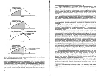"Raynor, G. V., An Introduction to the Electron Theory ofMetals, p. 55. The Institute of Metals, Londres
(1947).
'oMassalski, T. B., ASM Seminar, Theory of Alloy Phases, p. 63. Am. Soc. for Metals, Cleveland, Ohio
(1956).
aproximadamente19
a uma relaerao eletrons-atomos de 1,48.
o aspecto importante da Fig. 3.37C e que, quando os niveis de energia da zona
cubica de face centrada sao preenchidos ate a extensao mostrada na Fig. 3.37B, urn
preenchimento correspondente dos estados da zona cubica de corpo centrado (mos-
trado na Fig. 3.37D) resulta num abaixamento do nivel de energia dos eletrons dos
niveis de energia mais altos. Isto significa que a estrutura cubica de corpo centrado
deve-se tornar energeticamente mais favonivel para uma relaerao eletron-atomo de
cerca de 1,5.
A teoria da zona mostra realmente que a relaerao eletron-atomo, onde a estrutura
cubica de corpo centrado se torna a estrutura mais estavel, nao e exatamente 1,5. 0
fato de que empiricamente esta fase foi observada para uma composierao proxima a
CuZn levou os pesquisadores a admitirem que a relaerao de 3/2 era a adequada para
essa fase.
As outras duas fases, gama e epsilon, podem tambem ser explicadas pela teoria da
zona. Para estudo adicional deste assunto, recomenda-se 0 trabalho de revisao de
Massalski.20
3.25 Condutorese isolantes. Podemos agora aplicar a teoria dazona para explicar
as difereneras entre alguns tipos bern conhecidos de solidos. Vamos primeiramente
considerar 0 caso onde a lacuna energetica entre a primeira e a segunda zonas e
suficientemente grande para que nao haja superposierao de niveis de energia nas
primeiras duas zonas.
Como ilustraerao, consideraremos 0 exemplo do reticulado cubico simples bidi-
mensional novamente. Alem disso, suporemos que as curvas energia-numero de onda
correspondentes as posieroes inferior e superior das lacunas energeticas sao da forma
mostrada na Fig. 3.38A. Neste caso, devido ao tamanho grande da lacuna em qualquer
direerao especifica, 0 nivel de energia no fundo da segundazonafica bern acima do nivel
de energia da primeira zona. Os niveis de energia da segundazona sao, portanto, todos
consideravelmente mais altos que os da primeira zona, e urn eletron na primeira zona
nao podera, geralmente, movimentar-se para a segunda zona, a menos que receba uma
excitaerao de energia relativamente grande. Em geral, pode-se admitir que a energia
necessaria e muito mais alta (uma vez que e da ordem de diversos eletrons-volt) do que
a energia geralmente suprida por vibraeroes termicas a temperatura normal. Esta
condierao e devida ao fato de que kT e aproximadamente 1/40 eletrons/volt na tempera-
tura ambiente. Urn metodo alternativo de configurar a relaerao do nivel de energia com
respeito as duas zonas e mostrado na Fig. 338B. Nesse caso, a densidade de estados
em funeriio daenergia e colocada em grcifico para as primeiras duas zonas e a separaerao
entre ambas e mostrada claramente.
Suponhamos agora que estejamos estudando urn metal monovalente e que cada
uma das zonas indicadas e capaz de conter no maximo dois eletrons por atomo. Como
os atomos do metal contem apenas urn unico eletron de valencia por atomo, hci
somente eletrons suficientes para preencher a metade da primeira zona. No zero
absoluto, pode-se preyer que os eletrons ocuparao a metade dos niveis de energia da
primeira zona. Isto esta indicado na Fig. 3.38B, onde a metade inferior da area,
hachurada, representa os estados de energia preenchidos.
Quando uma zona esta apenas parcialmente preenchida, como mostra na Fig.
3.38, 0 solido e urn metal comum ou urn condutor eletrico. Para que a corrente eletrica
possa mover-se atraves do solido, os eletrons devem movimentar-se para niveis de
Cubica de corpo
centrado
1,48 eletrons por atomo
Energia
Energia
1,36 eletrons par atomo
Cubica de
face centrada
Energia
Energia
Estados preenchidos
1,5 eletrons par atomo
Cubica de corpP(o~~~~~t, Maiores niveis energeticos
It.l centrado ~ 1', ~ correspondentes no cubico
~ : ~< de face centrada
V "
I "
I "
: 
i;;l4.
~
"""''-----'------
Estados preenchidos
1,0 eletron por atomo
(e)
(B)
(A)
(0)
Fig. 3.37 A fun~ao das zonas na mudan~a da estrutura cristalina cubica de face .centrada para
cubica de corpo centrado num metal como olatao.
reflexoes de Bragg dos eletrons ocorremem seis pIanos {I IO} e, portanto, aprimeira
zona de Brillouin e urn poliedro de 12 lados. Esta diferenera nas formas das zonas de
Brillouin altera 0 pico da curva de densidade de estados de energia para uma energia
maior no caso do cristal cubico de corpo centrado. Isto significaque 0 pico na curva de
densidade de estados aparece para uma energia mais alta no caso do cristal cubico de
corpo centrado do que no cristal cubico de face centrada. Esse pico corresponde
96 97
 