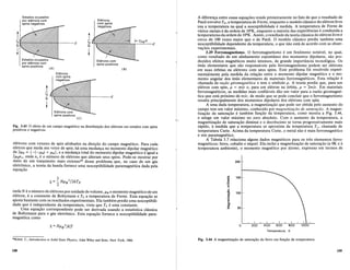 200
.. 150
a;
~
E
0
... 100
<>-
..
.!::!
a;
c:
'"
..
::E 50
o
A diferen~a entre essas equa~6es reside primeiramente no fato de que 0 resultado de
Pauli envolve TF, a temperatura de Fermi, enquanto 0 modele classico do eletron livre
usa a temperatura na qual a susceptibilidade e medida. A temperatura de Fermi de
varios metais e da ordem de lOSK, enquanto a maioria das experiencias e conduzida a
temperaturas da ordem de 1Q3K. Assim, 0 resultado da teoria classica do eletron livre e
cerca de 100 vezes maior que 0 de Pauli. 0 modele classico prediz tambem uma
susceptibilidade dependente da temperatura, 0 que nao esta de acordo com as obser-
va~6es experimentais.
3.29 Ferromagnetismo. 0 ferromagnetismo e um fenomeno notavel, no qual,
como resultado de um alinhamento espontaneo dos momentos dipolares, sao pro-
duzidos efeitos magneticos muito intensos, de grande importancia tecnologica. Os
imas elementares que sao responsaveis pelo ferromagnetismo podem ser eletrons
em suas orbitas ou eletrons com seus spins. Este problema foi resolvido experi-
mentalmente pela medida da rela~ao entre 0 momenta dipolar magnetico e 0 mo-
mento angular dos imas elementares de materiais ferromagneticos. Esta rela~ao e
chamada de raZQo giromagnhica e tern 0 simbolo p. A teoria prediz que, para urn
eletron com spin, p = m/e e, para urn eletron na orbita, p = 2m/e. Em materiais
ferromagneticos, as medidas mais confiaveis dao urn valor para a razao giromagne-
tica que esta proximo de m/e, de modo que se pode concluir que 0 ferromagnetismo
resulta principalmente dos momentos dipolares dos eletrons com spin.
A uma dada temperatura, a magnetiza~ao que pode ser obtida pelo aumento do
campo tern urn valor maximo, conhecido por magnetizarQo de saturarQo. A magne-
tiza~ao de satura~ao e tambem fun~ao da temperatura, como mostra a Fig. 3.44,
e atinge urn valor maximo no zero absoluto. Com 0 aumento da temperatura, a
magnetiza~ao de satura~ao diminui e 0 decrescimo se torna progressivamente mais
rapido, it medida que a temperatura se aproxima da temperatura Tc, chamada de
temperatura Curie. Acima da temperatura Curie, 0 metal nao e mais ferromagnetico
e sim paramagnetico.
A Tabela 3.7 relaciona alguns dados magneticos para os tres elementos ferro-
magneticos: ferro, cobalto e niquel. Ela inclui a magnetiza~ao de satura~ao (a OK e it
temperatura ambiente), 0 momenta magnetico por atomo, expresso em termos de
",,-'--=---E
(S)
-----E
- - - E
(A)
t
t
Fig. 3.43 0 efeito de urn campo magnetico na distribui9ao dos eletrons emestados com spins
positivos e negativos.
eletrons com vetores de spin alinhados na dire~ao do campo magnetico. Para cada
eletron que muda seu vetor de spin, ha uma mudan~a no momenta dipolar magnetico
de 2/LB = {-( -/LB) + /LB}, e a mudan~a total do momenta dipolar magnetico e igual a
2/LBne , onde ne e 0 mimero de eletrons que alteram seus spins. Pode-se mostrar por
meio de urn tratamento mais extens029
desse problema que, no caso de urn gas
eletronico, a teoria da banda fornece umasusceptibilidade paramagnetica dada pela
equa~ao
Estados ocupados
por eh§trons com
spins negativos
onde N e 0 numero de eletrons porunidade de volume, /LB 0 momenta magnetico deurn
eletron, k a constante de Boltzmann e TF a temperatura de Fermi. Esta equa~ao se
ajusta bastante com os resultados experimentais. Ela tambem prediz uma susceptibili-
dade que e independente da temperatura, visto que TF e uma constante.
Uma equa~ao correspondente pode ser derivada usando a estatistica classica
de Boltzmann para 0 gas eletronico. Esta equa~ao fornece a susceptibilidade para-
magnetica como
Temperatura. K
"Kittel, C., Introduction to Solid State Physics, John Wiley and Sons, New York, 1966. Fig. 3.44 A magnetiza9ao de satura9ao do ferro em fun9ao da temperatura.
108 109
 