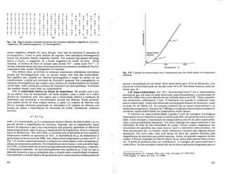 200
3IKammerling-Onnes, H.• Comml/n. Phys. Lab., Dniv. of Leiden, N.o 122b (1911).
32Dew-Hughes, 0., Mater. Sci. Eng., 1, 2 (1%6).
pureza e da perfeic;:ao de urn meta!. Num metal muito puro, livre de distorc;:oes, esta
relar,:iio de resistividade pode ser tao alta como 104a 105
• Em metais impuros, pode ser
menor que 10.
3.32 Supercondutividade. Em 1911, Kammerling-Onnes31 fez a surpreendente
descoberta que, ate onde ele pode determinar experimentalmente, a res!stividad~ do
mercurio s61ido cala a zero quando ele era resfriado abaixo de 4,2K. VarIaS expenen-
cias posteriores confirmaram 0 fato. 0 fenomeno em questao e conhecido como
supercondutividade, tendo sido observado em urn grande numero de elementos, com,o
se pode ver na Tabela 3.8. As excec;:oes notaveis sao os metais monovalentes e os
metais ferromagneticos. Em mais de 1.000ligas e compostos intermetalicos tambem se
constatou supercondutividade em temperaturas muito baixas.
o interesse na supercondutividade e grande,32 pois ha vantagens tecnol6gicas
importantes em urn material no qual a corrente pode fluir sem perda devida it resistivi-
dade. Como exemplo, a transmissao de energia eletrica atraves de cabos supercondu-
tores e uma possibilidade fascinante. Urn outro emprego dos supercondutores enos
solen6ides de lmas de alta intensidade de campo. Fortes campos magneticos sao
necessarios em aparelhos tais como masers, lasers e detectores infravermelhos. Os
lmas permanentes sao, no entanto, muito volumosos e pesados para algumas dessas
a.plicac;:oes. Por outro lado, imas com nUcleo de ferro sao tambem limitados pela
magnetizac;:ao de saturac;:ao que podem suportar. Assim, em grandes magnetos de alto
campo, e preciso empregar-se imas de nucleo de ar, pelos quais passam altas corren-
tes. A perda de potencia pode ser considerave!. A vantagem de supercondutores e
entao 6bvia. Os dois exemplos citados nao sao as unicas aplicac;:oes imaginadas para os
Fig. 3.47 Varia<;:iio da resistividade com a temperatura para urn metal abaixo da temperatura
ambiente.
Temperatura. K
t t t t t t t t t ! t ! t ! t ! t t t t t t t
t t t t t t t t ! t ! t ! t ! t t t
• t t t • t
t t t t t t t t t ! t ! t ! t ! t • t • t • t
•
t t t t t t t t ! t ! t ! t ! t • t t t • t • t <>.
t t t t t t t t t ! t ! t ! t ! t • t + t • t •
oi
"C
t1l
(A) (B) (C) "C
.:;:
Fig. 3.46 Alguns arranjos ordenados possfveis dos momentos dipolares magneticos. (A) ferro-
~
'iii
Q)
magnetico, (B) antiferromagnetico, (C) ferrimagnetico. a:
onde pea resistividade, PT e a componente termica (fOnon) da resistividade e PI e a
parcela devida a imperfeic;:oes da estrutura. Supondo que as imperfeic;:oes sejam
atomos de impureza e que a sua concentrac;:ao seja pequena, ignorando os efeitos de
supercondutividade, sabe-se que PI e independente da temperatura. Esta e a chamada
regra de Matthiessen. Por outro lado, PT normalmente se aproxima de zero quando a
temperatura tambem se aproxima de zero. A dependencia de PT da temperatura e
quase linear acima de cerca de lOOK, mas, abaixo desta temperatura, P varia com T5. A
Fig. 3.47 mostra esquematicamente a variac;:ao da resistividade p com a temperatura,
abaixo da temperatura ambiente. Em temperaturas muito baixas, como a do helio Ilqui-
do (4,2K), aresistividade de urn metal seragrandemente determinadaporPh enquanto,
it temperatura ambiente, ela sera principalmente uma medida de PT' Uma vez que PI
depende da pureza e que PT independe dela, a relac;:ao entre a resistividade it tempera-
tura ambiente e a resistividade a 4K geralmente serve como uma boa medida pratica da
P=PT+PI
mento magnetico dirigido em outra direc;:ao. Este tipo de estrutura e chamada de
ferrimagnhica. Como se pode deduzir do exposto, uma substancia ferrimagnetica
possui urn momenta dipolar magnetico Ilquido. Urn material tipicamente ferrimag-
netico e Fe304, a magnetita ou a forma magnetica de 6xido de ferro. Neste
material, os aromos de ferro se ionizam para formar Fe++, assim como Fe+++. 0
arranjo ordenado destes dois tipos de aromos de ferro naestrutura cristalinado Fe304 e
responsavel pelo carater ferrimagnetico do material.
Nos ultimos anos, as ferritas se tornaram importantes substancias eletronicas
porque sao ferromagneticas, mas, ao mesmo tempo, tern uma alta resistividade.
Isto significa que, quando urn material ferrimagnetico e usado no nucleo de urn
transformador, a perda por correntes de Foucault.e pequena. Em conseqiiencia, os
materiais ferrimagneticos sao usados como nucleos de transformadores de freqiien-
cia de radio, onde a perda por correntes de Foucault e urn serio problema. As ferritas
sao tambem usadas como lmas em computadores.
3.31 A resistividade eletrica em funt;ao da temperatura. De acordo com a teo-
ria do eletron livre de Sommerfeld, urn metal simples, como 0 s6dio ou 0 cobre,
deveria ter resistencia nula. Isto sugere que a resistividade eletrica e resultante de
fenomenos que perturbam a movimentac;:ao normal dos eletrons. Essas perturba-
c;:oes podem provir de duas origens basicas, a saber: (1) colisoes de eletrons com
fonons (energia vibrat6ria quantizada do reticulado) e (2) colisoes de eletrons com
atomos de soluto e imperfeic;:oes do reticulado do crista!' Geralmente, podemos
escrever
112 113
 