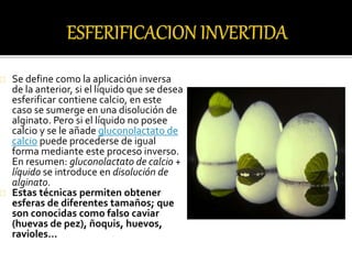 Se define como la aplicación inversa 
de la anterior, si el líquido que se desea 
esferificar contiene calcio, en este 
caso se sumerge en una disolución de 
alginato. Pero si el líquido no posee 
calcio y se le añade gluconolactato de 
calcio puede procederse de igual 
forma mediante este proceso inverso. 
En resumen: gluconolactato de calcio + 
líquido se introduce en disolución de 
alginato. 
Estas técnicas permiten obtener 
esferas de diferentes tamaños; que 
son conocidas como falso caviar 
(huevas de pez), ñoquis, huevos, 
ravioles… 
 