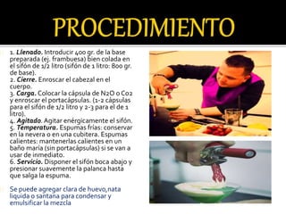 1. Llenado. Introducir 400 gr. de la base 
preparada (ej. frambuesa) bien colada en 
el sifón de 1/2 litro (sifón de 1 litro: 800 gr. 
de base). 
2. Cierre. Enroscar el cabezal en el 
cuerpo. 
3. Carga. Colocar la cápsula de N2O o Co2 
y enroscar el portacápsulas. (1-2 cápsulas 
para el sifón de 1/2 litro y 2-3 para el de 1 
litro). 
4. Agitado. Agitar enérgicamente el sifón. 
5. Temperatura. Espumas frías: conservar 
en la nevera o en una cubitera. Espumas 
calientes: mantenerlas calientes en un 
baño maría (sin portacápsulas) si se van a 
usar de inmediato. 
6. Servicio. Disponer el sifón boca abajo y 
presionar suavemente la palanca hasta 
que salga la espuma. 
Se puede agregar clara de huevo,nata 
liquida o santana para condensar y 
emulsificar la mezcla 
 