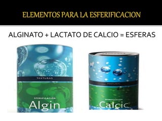 ALGINATO + LACTATO DE CALCIO = ESFERAS 
 