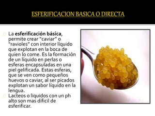 La esferificación básica, 
permite crear “caviar” o 
“ravioles” con interior líquido 
que explotan en la boca de 
quien lo come. Es la formación 
de un líquido en perlas o 
esferas encapsuladas en una 
piel gelificada. Estas esferas, 
que se ven como pequeños 
huevos o caviar, al ser picados 
explotan un sabor líquido en la 
lengua. 
Lacteos o liquidos con un ph 
alto son mas dificil de 
esferificar. 
 