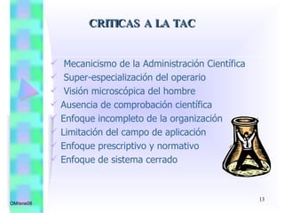Mecanicismo de la Administración Científica Super-especialización del operario Visión microscópica del hombre Ausencia de comprobación científica Enfoque incompleto de la organización Limitación del campo de aplicación Enfoque prescriptivo y normativo Enfoque de sistema cerrado CRITICAS A LA TAC OM/ene08 