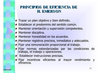 Trazar un plan objetivo y bien definido. Establecer el predominio del sentido común. Mantener orientación y supervisión competentes. Mantener disciplina. Mantener honestidad en los acuerdos. Mantener registros precisos, inmediatos y adecuados. Fijar una remuneración proporcional al trabajo. Fijar normas estandarizadas par las condiciones de trabajo, el trabajo y operaciones. Establecer instrucciones precisas. Fijar incentivos eficientes al mayor rendimiento y eficiencia. PRINCIPIOS DE EFICIENCIA DE  H. EMERSON OM/ene08 