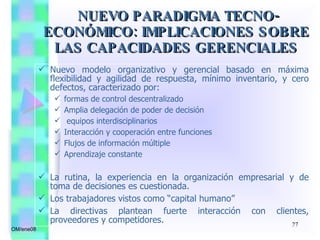 Nuevo modelo organizativo y gerencial basado en máxima flexibilidad y agilidad de respuesta, mínimo inventario, y cero defectos, caracterizado por:  formas de control descentralizado Amplia delegación de poder de decisión equipos interdisciplinarios Interacción y cooperación entre funciones Flujos de información múltiple Aprendizaje constante La rutina, la experiencia en la organización empresarial y de toma de decisiones es cuestionada. Los trabajadores vistos como “capital humano” La directivas plantean fuerte interacción con clientes, proveedores y competidores. NUEVO PARADIGMA TECNO-ECONÓMICO: IMPLICACIONES SOBRE LAS CAPACIDADES GERENCIALES OM/ene08 