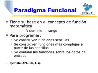 Tiene su base en el concepto de función matemática: f: dominio    rango Para programar: Se construyen funciones sencillas Se construyen funciones más complejas a partir de las sencillas Se evalúan las funciones sobre los datos de entrada Ejemplo: APL, ML, Lisp. Paradigma Funcional 