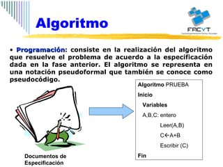 Programación : consiste en la realización del algoritmo que resuelve el problema de acuerdo a la especificación dada en la fase anterior. El algoritmo se representa en una notación pseudoformal que también se conoce como pseudocódigo. Algoritmo Algoritmo  PRUEBA Inicio Variables A,B,C: entero Leer(A,B) C  A+B Escribir (C) Fin Documentos de Especificación 