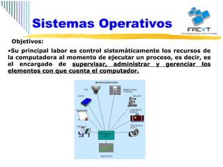 Su principal labor es control sistemáticamente los recursos de la computadora al momento de ejecutar un proceso, es decir, es el encargado de  supervisar, administrar y gerenciar los elementos con que cuenta el computador. Objetivos:  Sistemas Operativos 