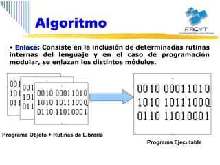 Enlace : Consiste en la inclusión de determinadas rutinas internas del lenguaje y en el caso de programación modular, se enlazan los distintos módulos. Algoritmo Programa Objeto + Rutinas de Librería Programa Ejecutable 