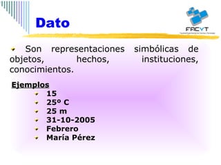 Ejemplos 15 25º C 25 m 31-10-2005 Febrero María Pérez Son representaciones simbólicas de objetos, hechos, instituciones, conocimientos.  Dato 