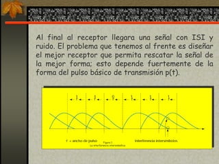 Al final al receptor llegara una señal con ISI y
ruido. El problema que tenemos al frente es diseñar
el mejor receptor que permita rescatar la señal de
la mejor forma; esto depende fuertemente de la
forma del pulso básico de transmisión p(t).
Figura 1
La interferencia intersimbólica
 