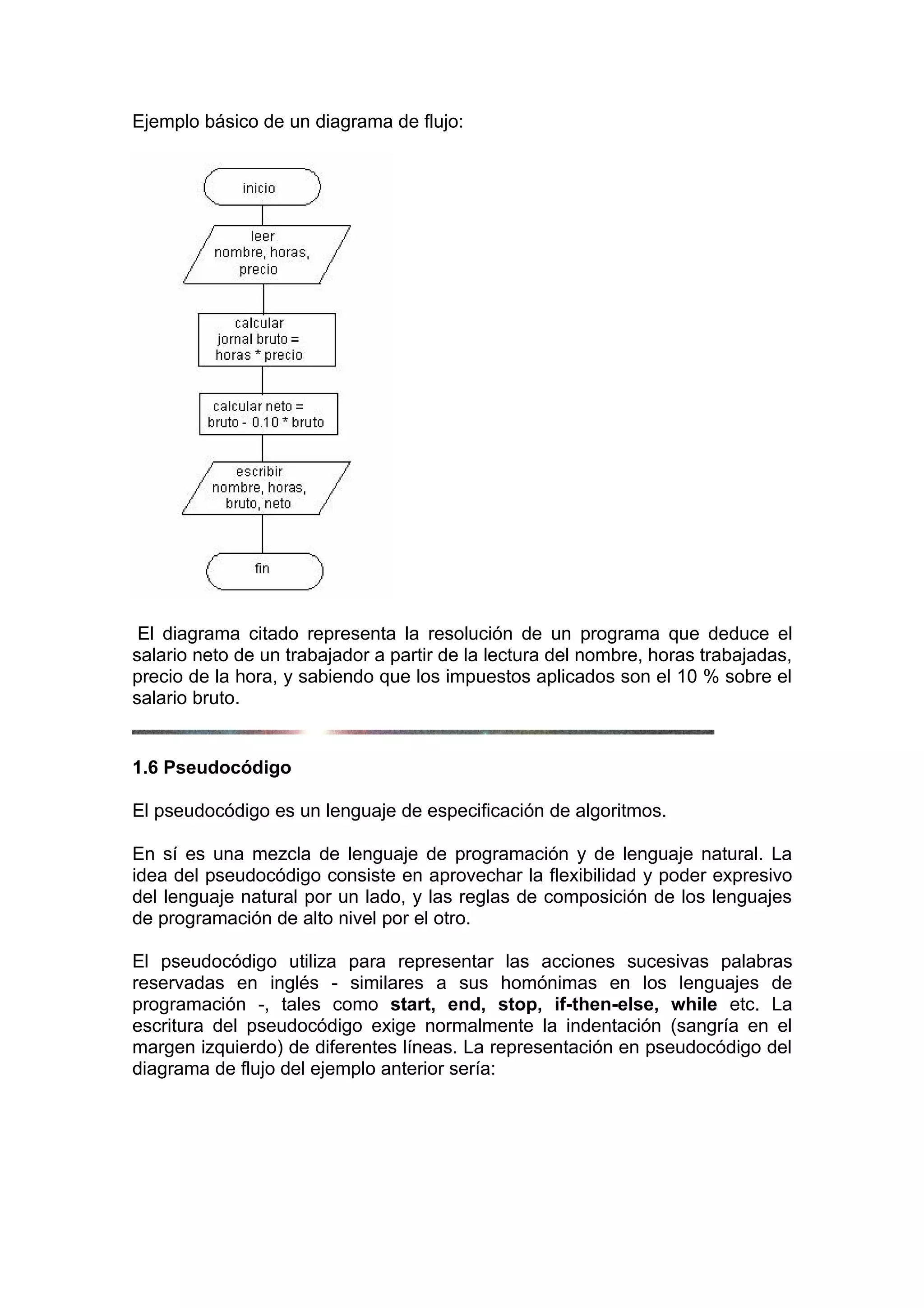 Ejemplo básico de un diagrama de flujo:




 El diagrama citado representa la resolución de un programa que deduce el
salario neto de un trabajador a partir de la lectura del nombre, horas trabajadas,
precio de la hora, y sabiendo que los impuestos aplicados son el 10 % sobre el
salario bruto.


1.6 Pseudocódigo

El pseudocódigo es un lenguaje de especificación de algoritmos.

En sí es una mezcla de lenguaje de programación y de lenguaje natural. La
idea del pseudocódigo consiste en aprovechar la flexibilidad y poder expresivo
del lenguaje natural por un lado, y las reglas de composición de los lenguajes
de programación de alto nivel por el otro.

El pseudocódigo utiliza para representar las acciones sucesivas palabras
reservadas en inglés - similares a sus homónimas en los lenguajes de
programación -, tales como start, end, stop, if-then-else, while etc. La
escritura del pseudocódigo exige normalmente la indentación (sangría en el
margen izquierdo) de diferentes líneas. La representación en pseudocódigo del
diagrama de flujo del ejemplo anterior sería:
 
