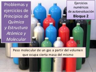 Ejercicios
numéricos
de autoevaluación
Bloque 2
Problemas y
ejercicios de
Principios de
Química
y Estructura
Atómica y
Molecular
Peso molecular de un gas a partir del volumen
que ocupa cierta masa del mismo
 