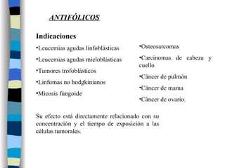 Indicaciones Leucemias agudas linfoblásticas Leucemias agudas mieloblásticas Tumores trofoblásticos Linfomas no hodgkinianos Micosis fungoide Su efecto está directamente relacionado con su concentración y el tiempo de exposición a las células tumorales. Osteosarcomas Carcinomas de cabeza y cuello Cáncer de pulmón Cáncer de mama Cáncer de ovario. ANTIFÓLICOS 
