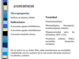 Mercaptopurina Ineficaz en tumores sólidos Indicaciones Leucemias agudas linfoblásticas Leucemias agudas mieloblásticas Leucemia mieloide crónica No es activo en su forma libre, debe transformarse en nucleótido compitiendo con los sustratos de la conversión del ácido inosínico en adenina y xantina. ANTIPURÍNICOS Toxicidad Gastrointestinales Hematológicos (leucopenia, trombocitopenia, anemia) Hepatotoxicidad (elev. de bilirrubina, GOT y FA) Exantema cutáneo, fiebre, eosinofilia, hematuria, cristaluria 