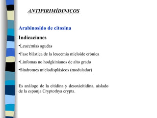 Arabinosido de citosina Indicaciones Leucemias agudas Fase blástica de la leucemia mieloide crónica Linfomas no hodgkinianos de alto grado Sindromes mielodisplásicos (modulador) Es análogo de la citidina y desoxicitidina, aislado de la esponja Cryptothya crypta. ANTIPIRIMÍDINICOS 