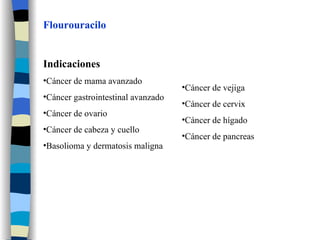 Flourouracilo Indicaciones Cáncer de mama avanzado Cáncer gastrointestinal avanzado Cáncer de ovario Cáncer de cabeza y cuello Basolioma y dermatosis maligna Cáncer de vejiga Cáncer de cervix Cáncer de hígado Cáncer de pancreas 